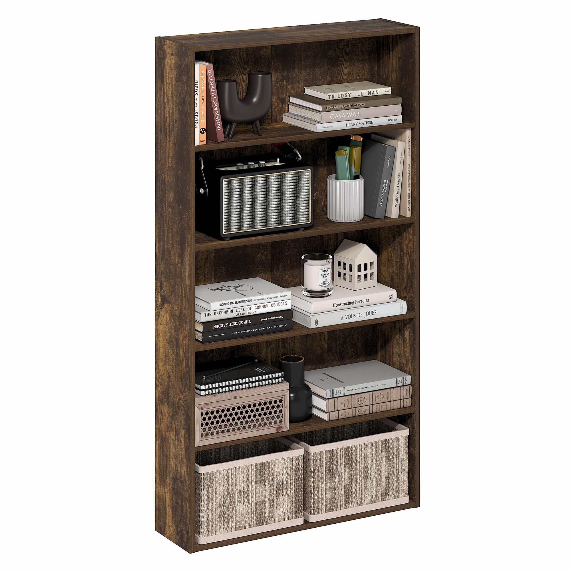 Furinno Basic Book Shelf, 5-Tier Bookshelf, Cube Storage Organizer Bookcase with Open Shelf, 7 x 24 x 44, for Living Room, Bedroom, Home Office, Amber