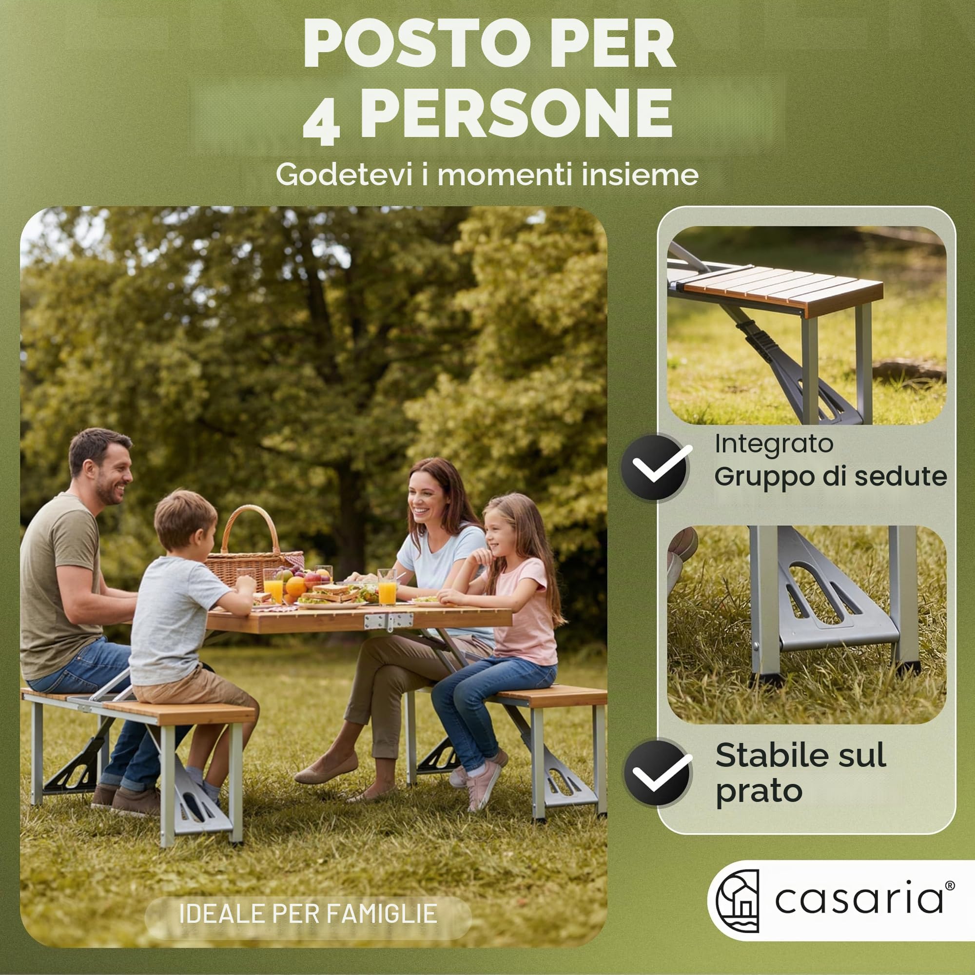 Deuba Casaria Tavolo Pieghevole con 2 Panche Set da Campeggio Picnic Portatile a Valigetta in Alluminio con Foro Ombrellone Maniglia per Trasporto 4 Posti Mare Spiaggia