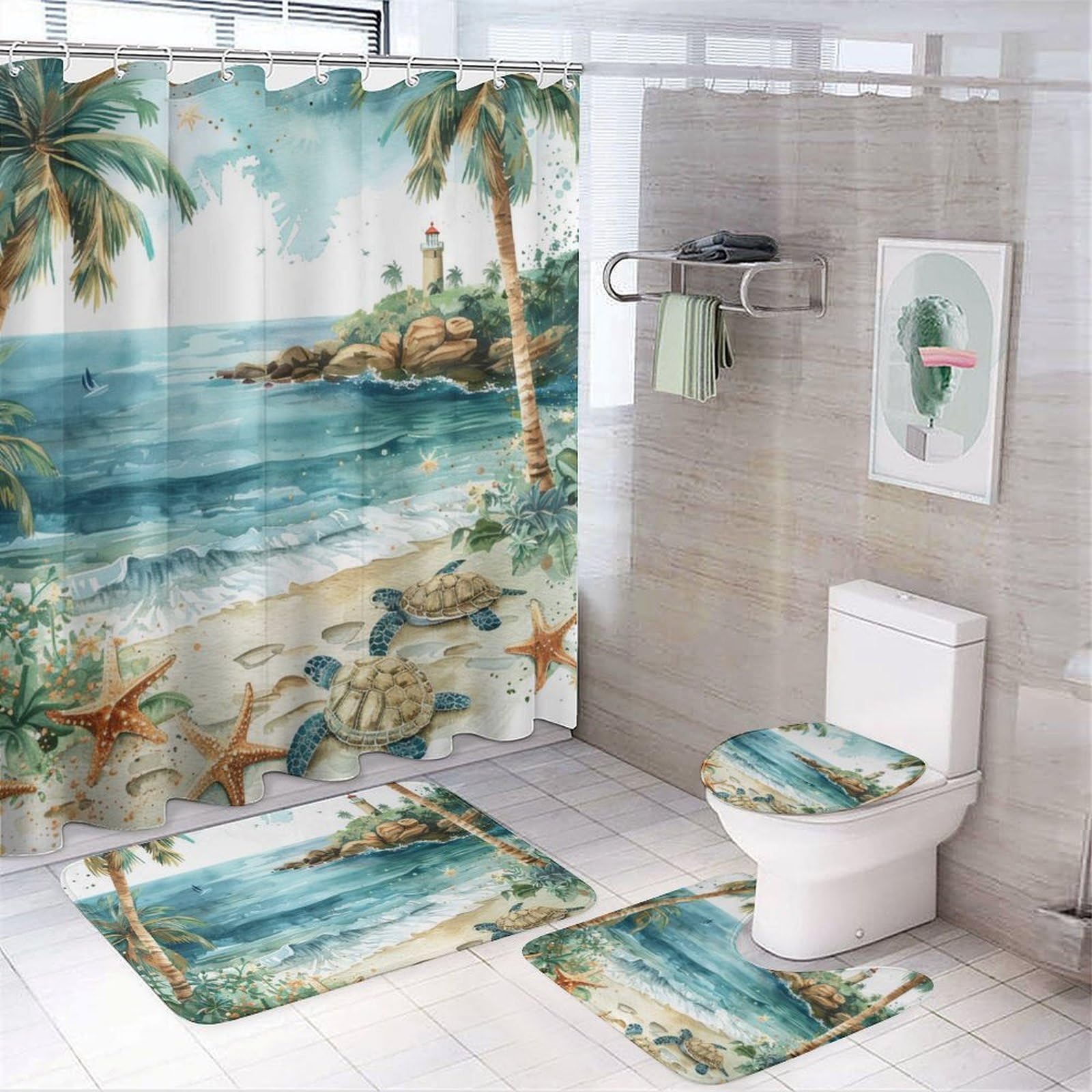 HDESDIS 4Pcs Ocean Nautical Beach Shower Curtain Set, Sea Lighthouse Palm Tree Turtle Starfish Bathroom Decor Set with Rug Bathroom Accessory Bathroom
