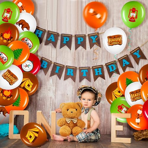 Miniatura 5 de 45 globos para cámper, coloridos globos de fiesta de campamento, suministros de fiesta de aventura con cinta verde y marrón, kits de globos de látex