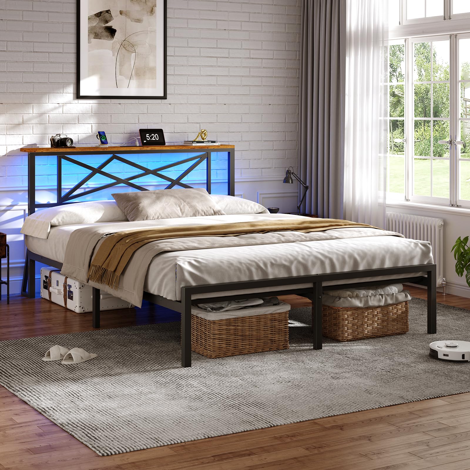 DICTAC King Size Bed Frame with Charging Station, 150x200cm Metal King Size Bed Underbed Storage &RGB LED Lights, Silent Sturdy King Bedframe, No Box Spring Needed, Easy Assembly