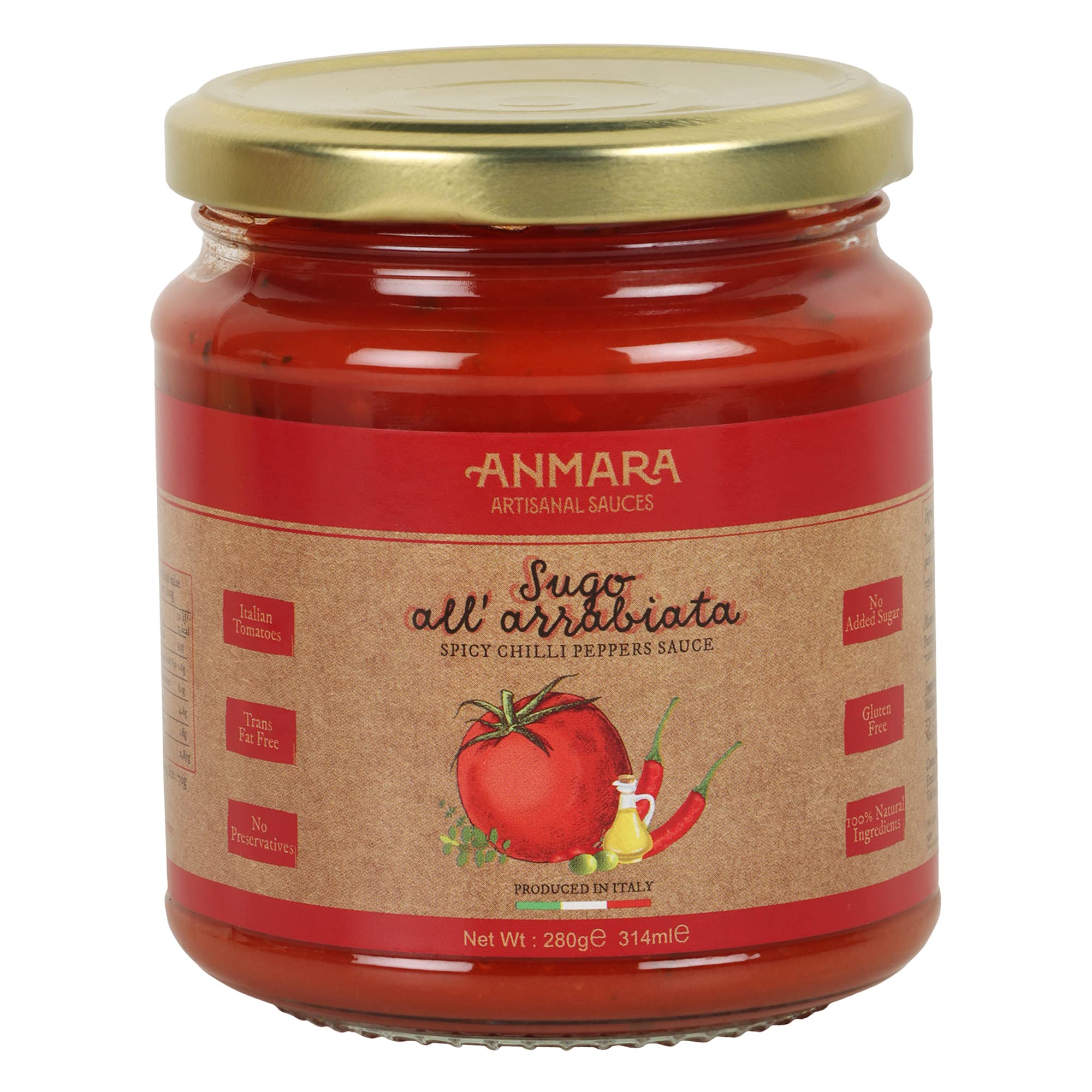 Anmara Sugo all' Arrabiata Sauce 280g | Spicy Chilli Peppers Sauce | Gluten-Free | Made with Extra Virgin Olive Oil