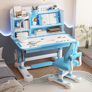 Kids Study Desk Chair Set, Height Adjustable Children School Study Table Chair Set with Sitting Corrector, Ergonomic Desk Chair with Book Stand, Foot Pedal, Partition Design Blue