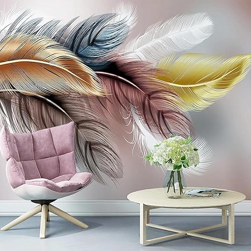 Papel tapiz fotográfico creativo de plumas voladoras, papel tapiz abstracto de plumas blancas doradas y azules, decoración de pared para sala de