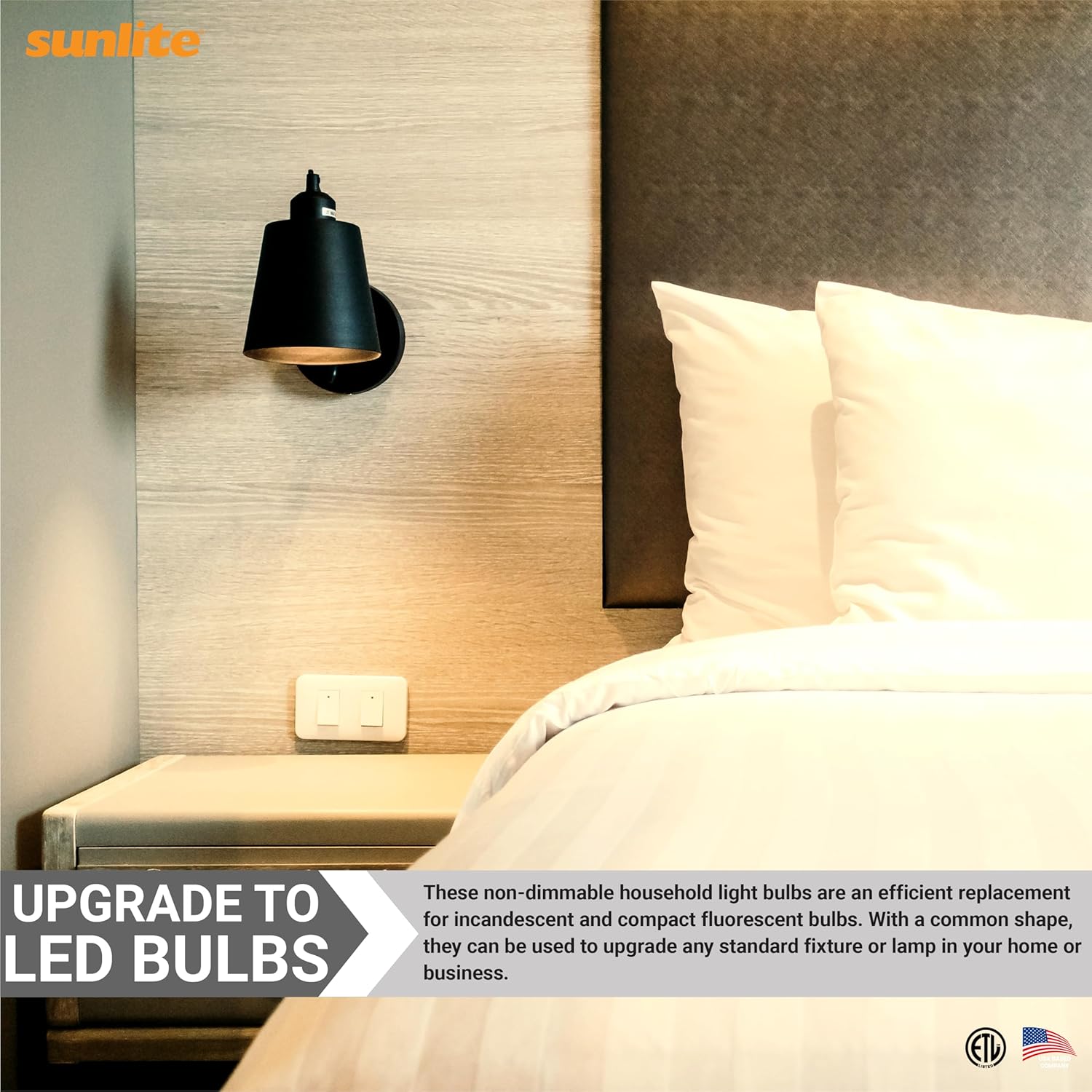 Sunlite A19 Standard LED Light Bulb, 15 Watts (100W Equivalent), 1500 Lumens, Bulk 48 Pack, 120 Volts, Non-Dimmable, Medium E26 Base, RoHS, ETL Listed, 3000K Warm White