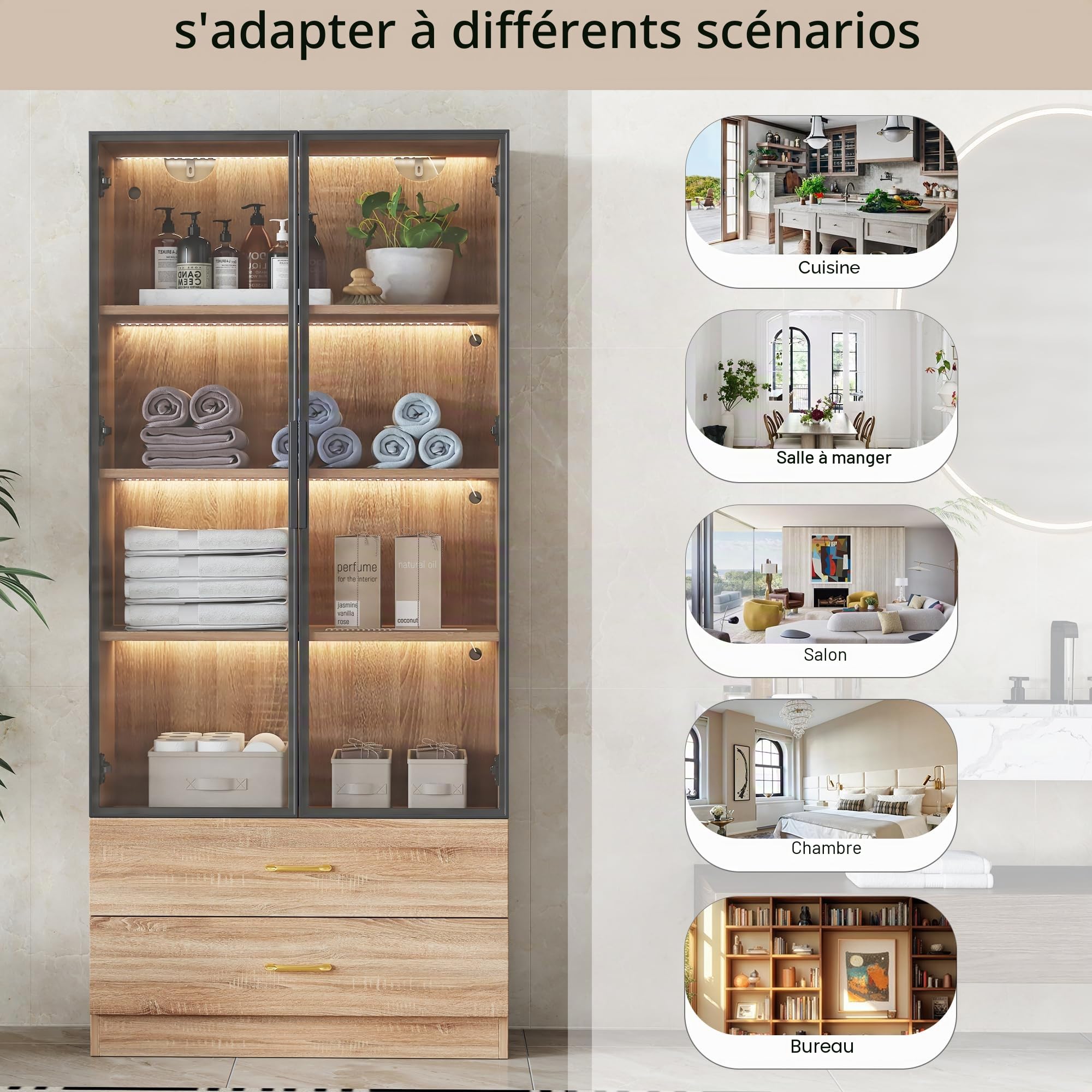 Merax Vitrine de rangement pour salon, salle de bain avec LED, 75 cm de large, 2 tiroirs, 2 portes, porte en verre, design moderne pour salle de bain, bureau, couloir - Couleur bois