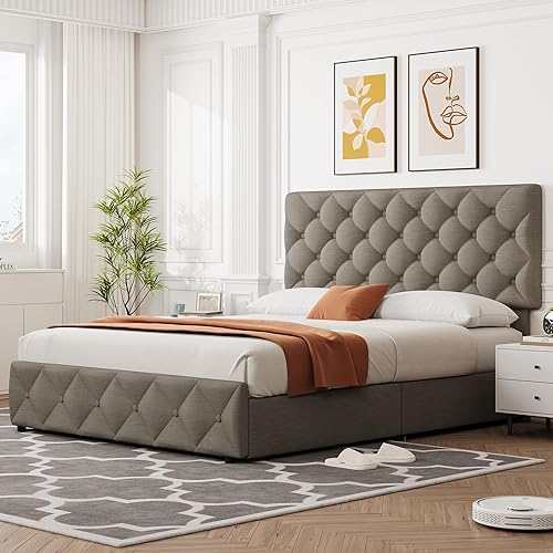 Miniatura 7 de IDEALHOUSE Base de cama tamaño Queen con 4 cajones de almacenamiento y cabecera ajustable, cama de plataforma tapizada de lino, botón cosido de
