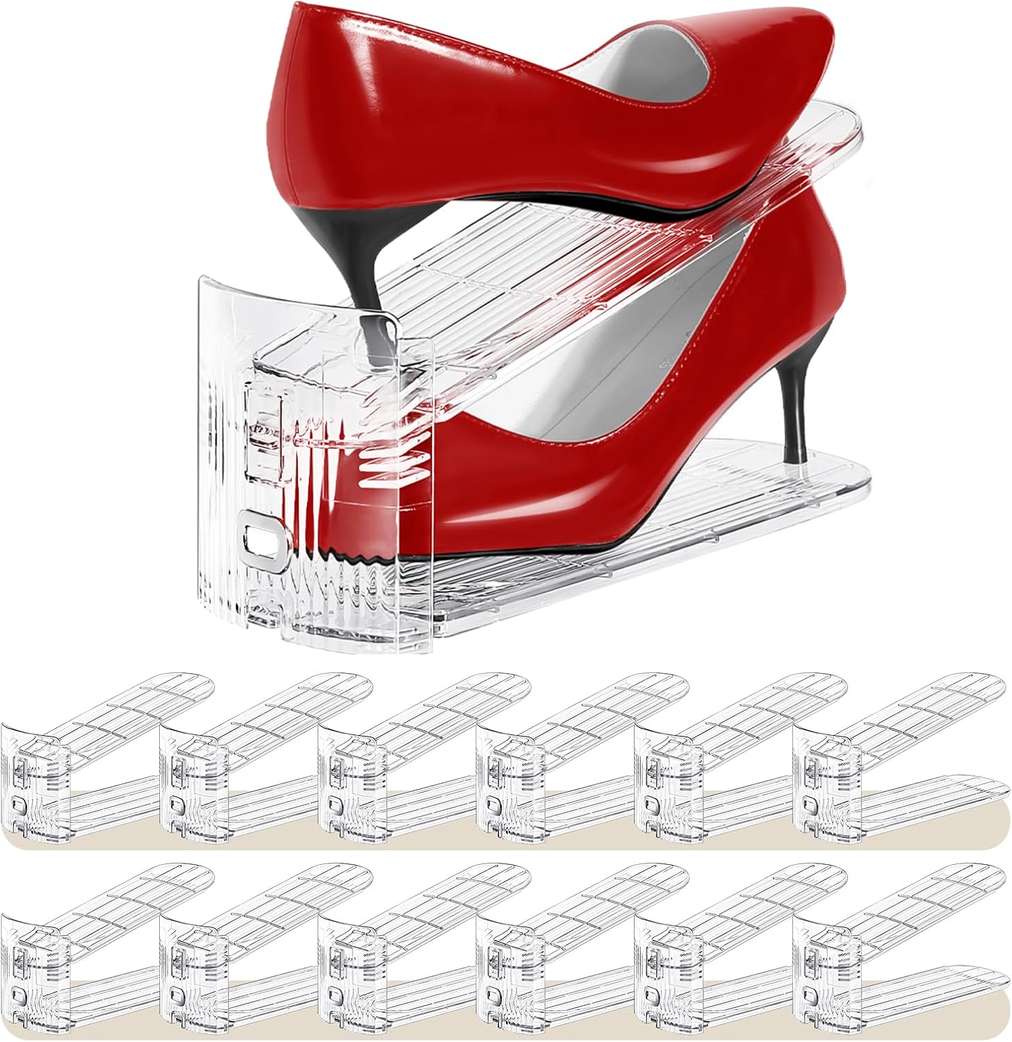 Shoe Slots Organizer 12 Pack - Shoe Stacker,3 Levels Adjustable,Space Savers 50%,Double Layer Holders for Closet (Transparent),Organizador de Zapatos 12pack Clear