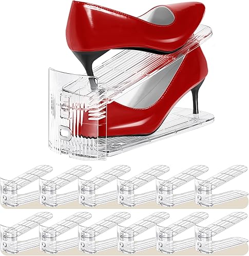 Organizador de ranuras para zapatos, paquete de 12, apilador de zapatos, 3 niveles ajustables, ahorro de espacio del 50%, soportes de doble capa
