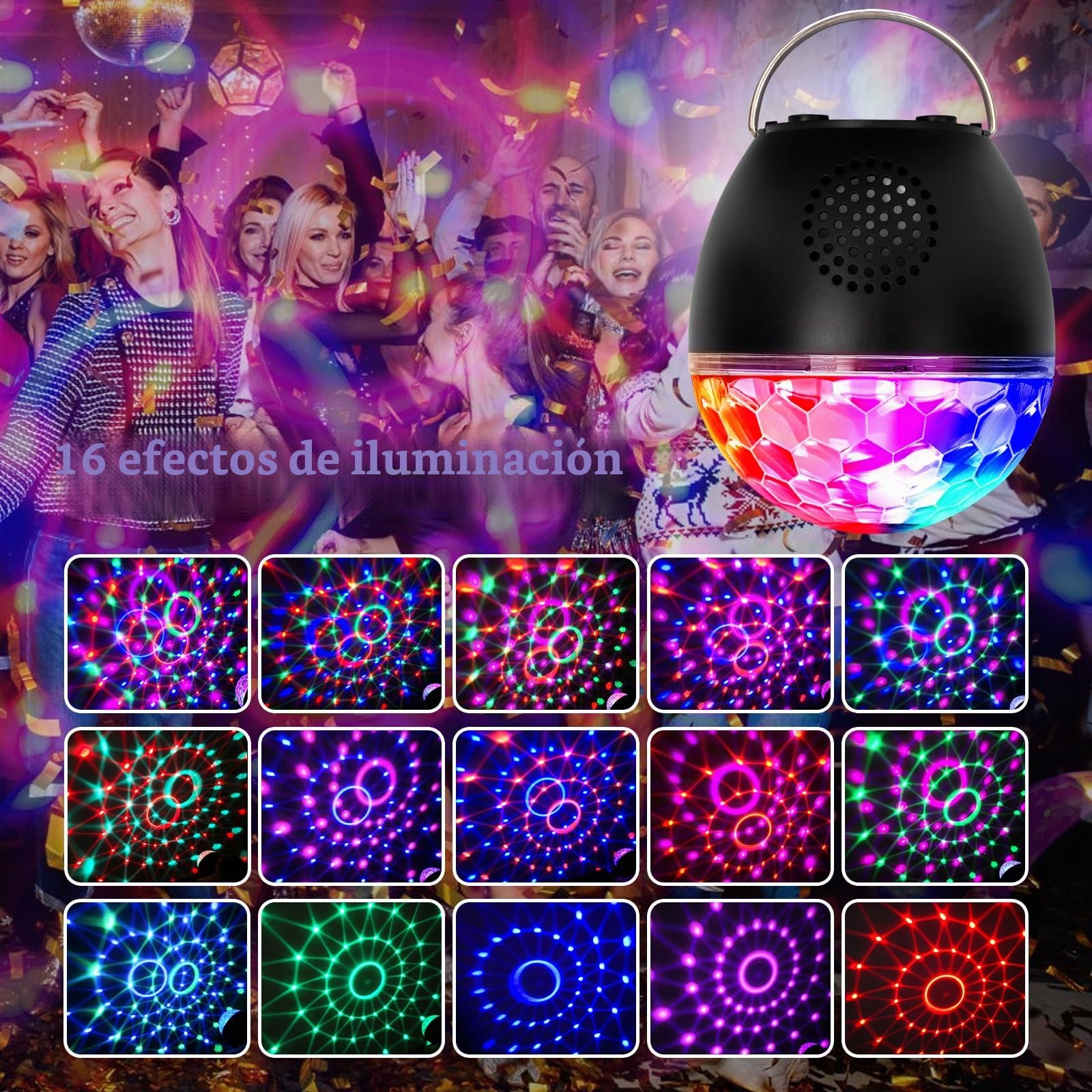 Luces Discoteca 16 Colores Bola Discoteca con Cable USB LED Giratoria Luz de Fiesta Bola Fiesta Escenario con Bluetooth Control Remoto para Cumpleaños Discoteca Fiesta Bar Navidad Bodas (Black)