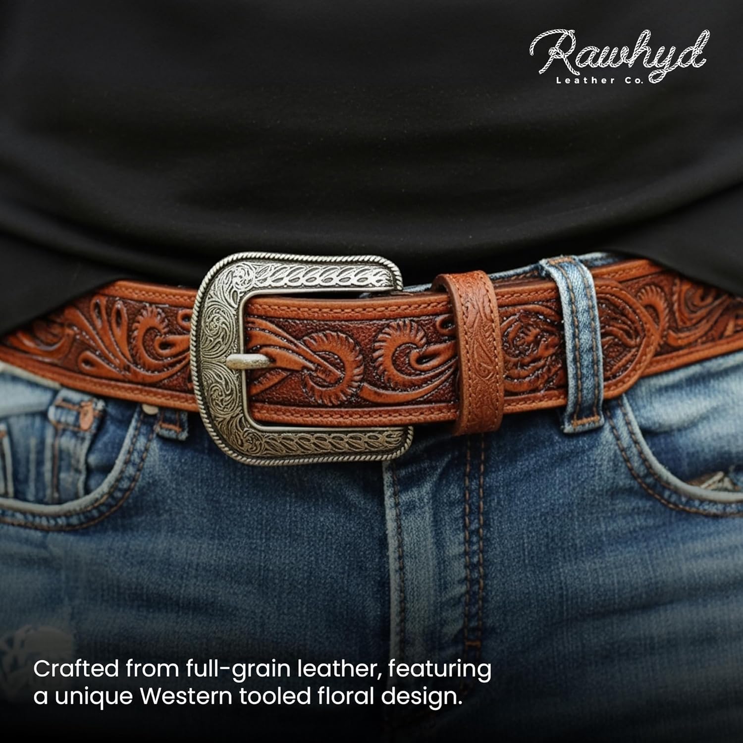 RAW HYD Full-Grain Men's Western Belts w/Buckle/Buckle Free - Robust Tooled Leather Belt - Versatile Western Belts for Men - Image 6