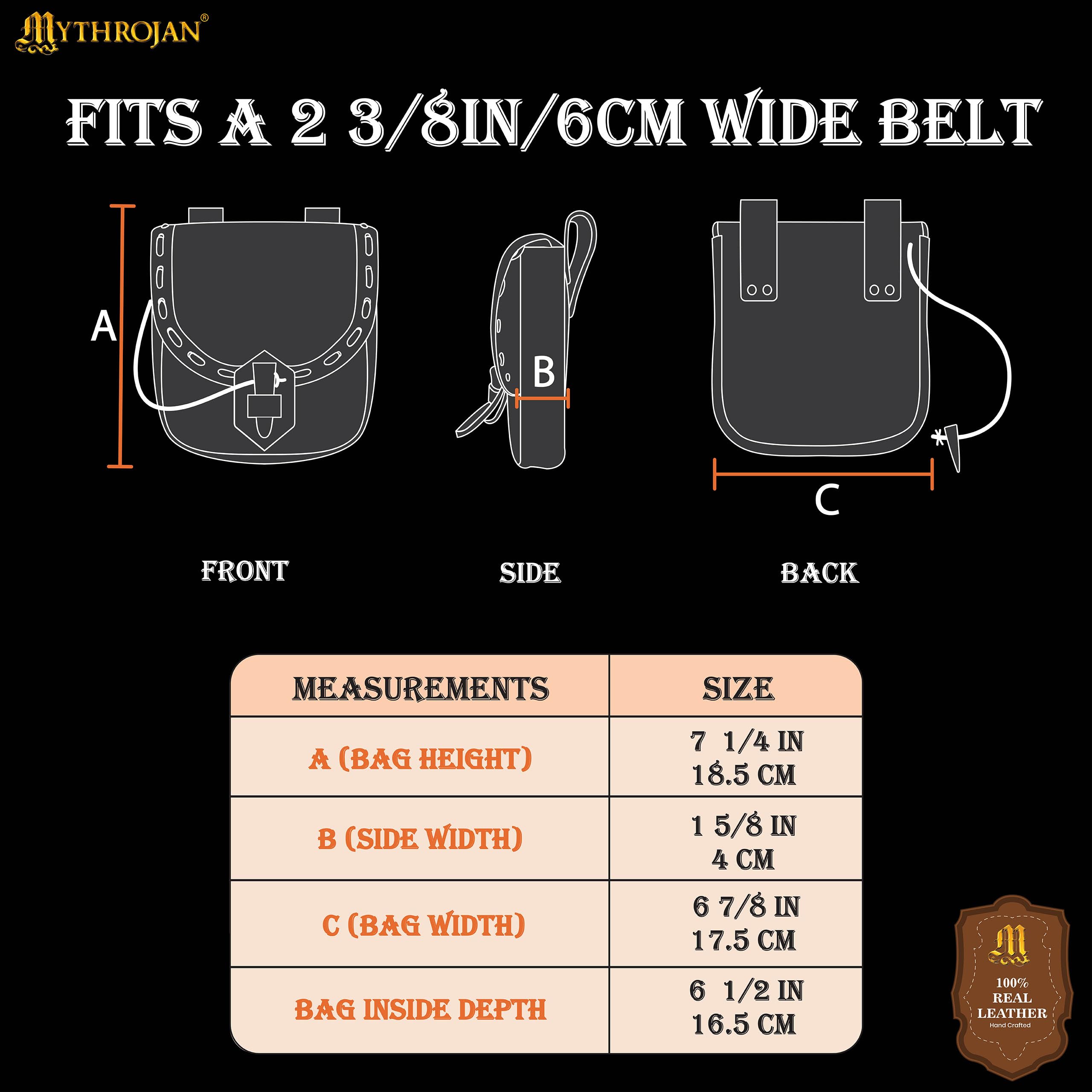Mythrojan Pochette ceinture en cuir médiéval original sac costume accessoires pochette viking ceinture porte-monnaie, Décoration bronze noir, 8" x 7", Pochette en cuir noir