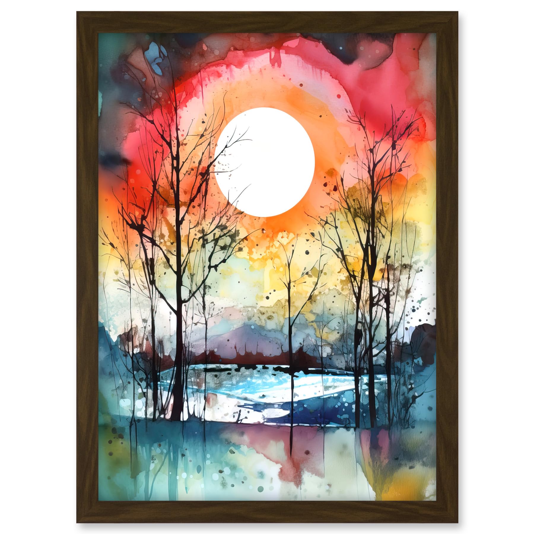 Artery8 Abstract Sunset Landscape Watercolour Painting Countryside Lake Autumn Trees Artwork Framed A3 Wall Art Print