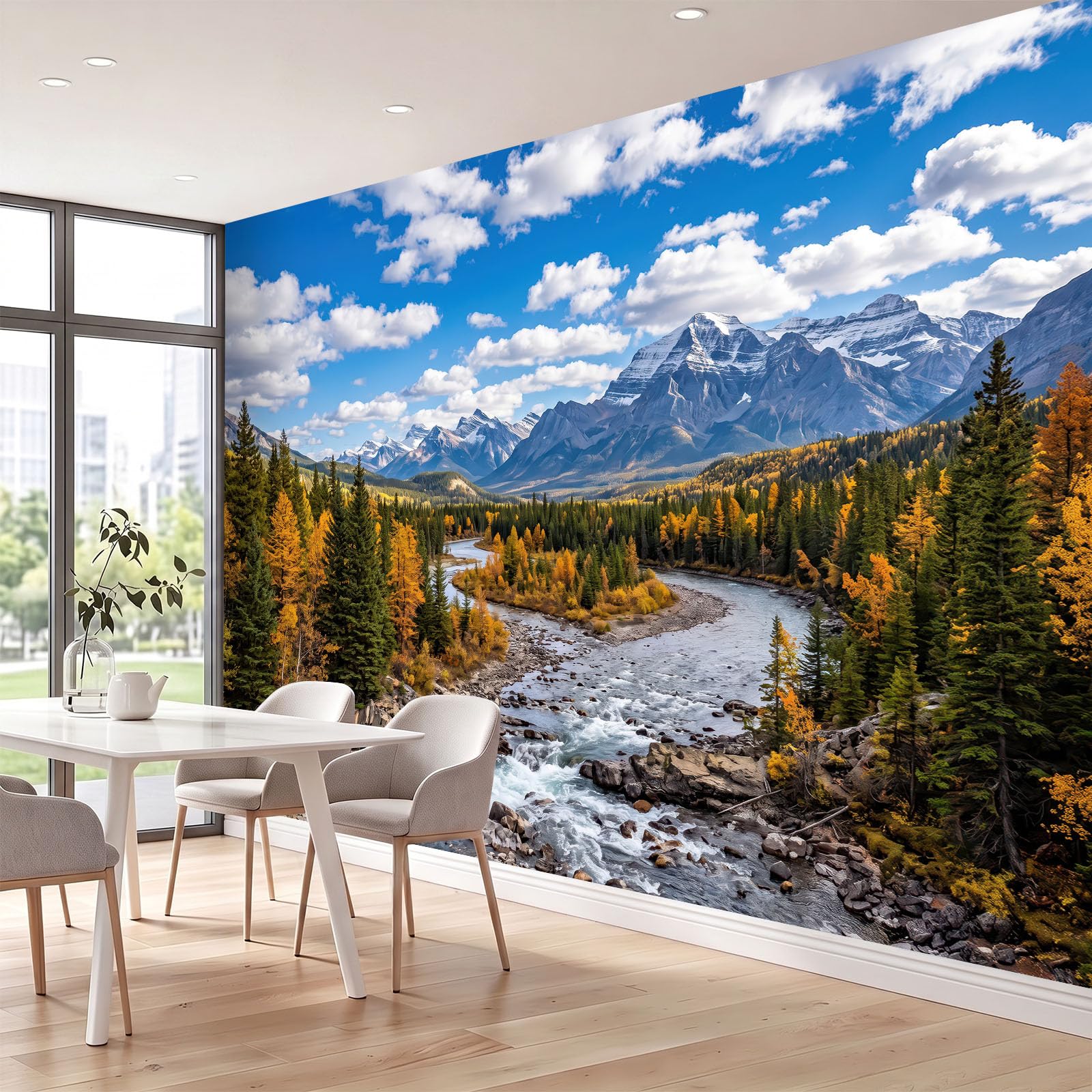 Naturlandschaft Wald Panorama Fototapete 300 x 210 cm, Berge Canyons Flüsse Kiefern Schneebedeckte Berge Vlies Tapeten Wandtapete, Blau Wandbilder Tapete für Wohnzimmer Schlafzimmer Apartment Flur
