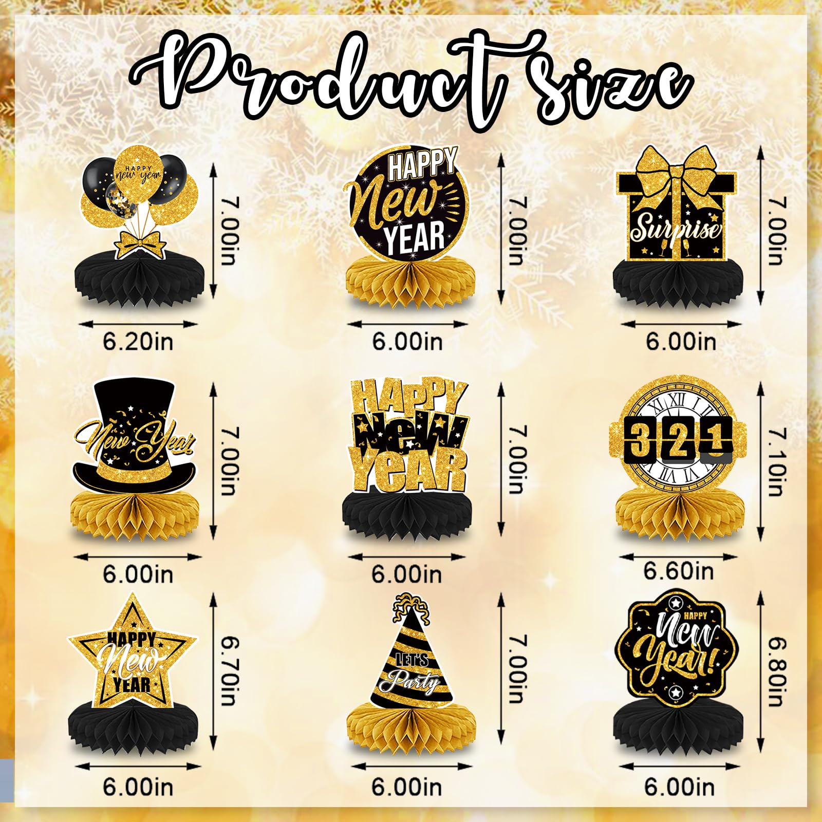 ALIBBON 9 Pcs 2025 New Year Honeycomb Centerpieces, Black Gold New Year Table Decorations Table Toppers, New Year Table Signs for New Year Holiday Favor Supplies New Year Party Decorations