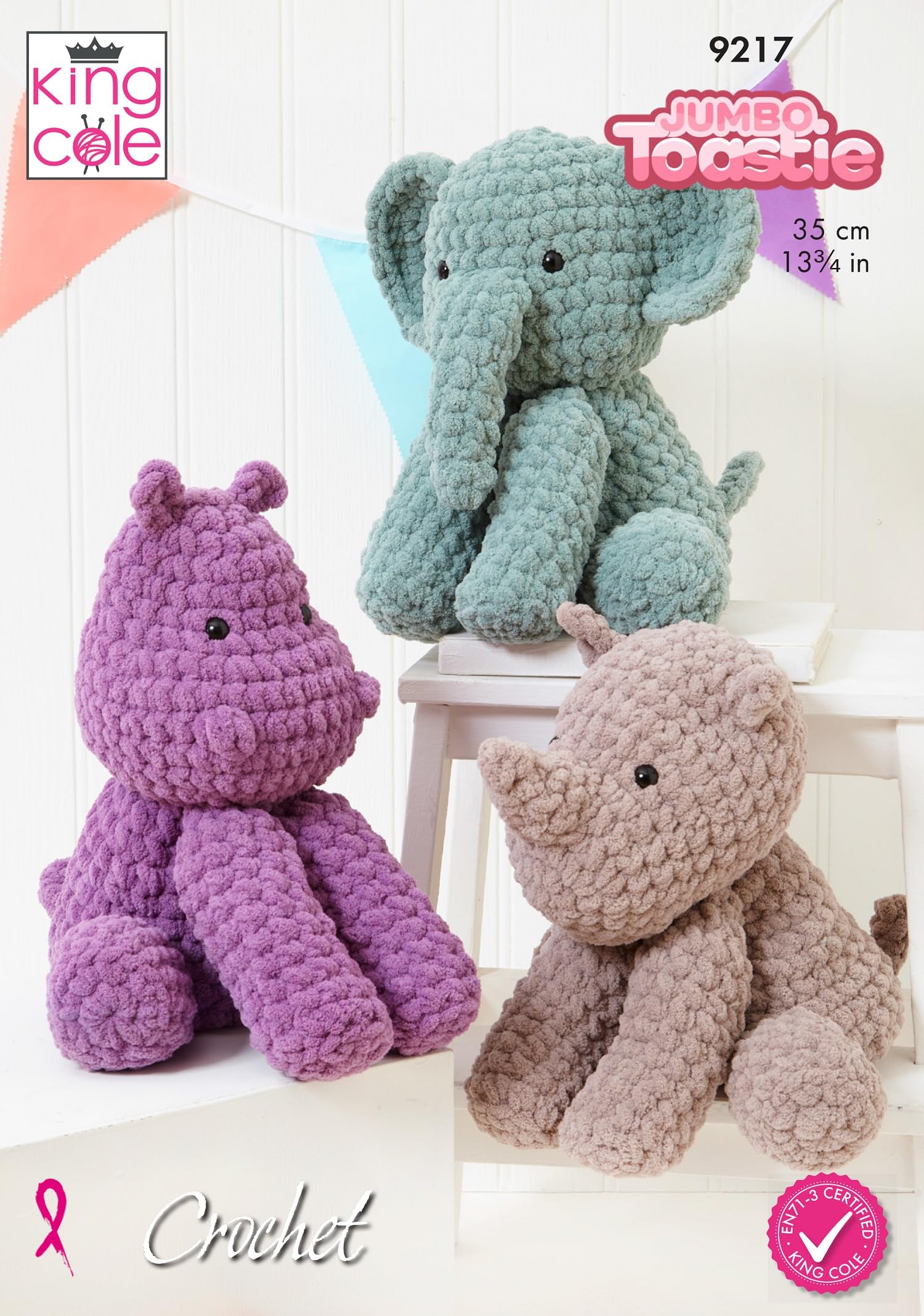 King Cole 9217 Crochet Pattern Jumbo Toastie Elephant Hippo and Rhino Stuffed Animals