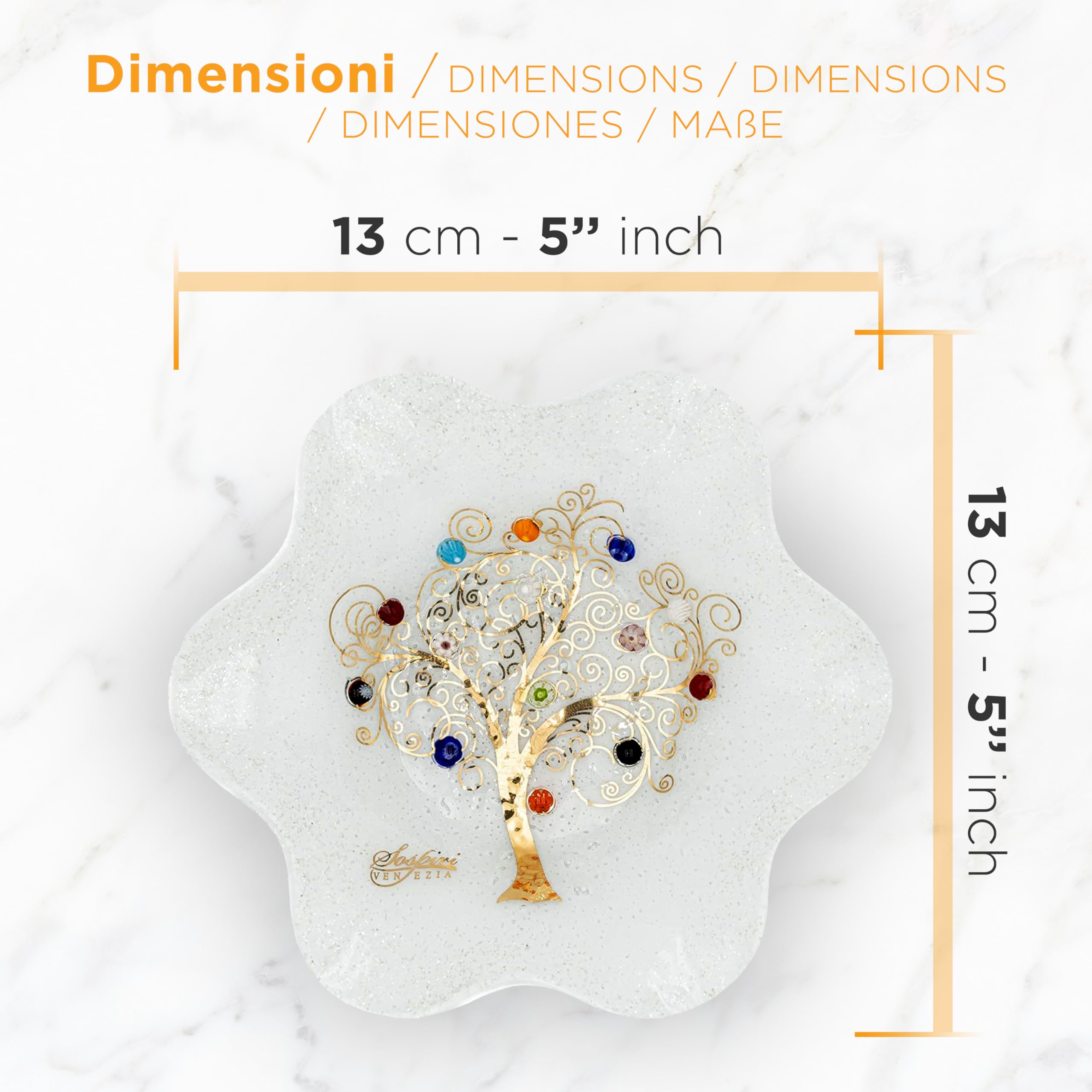 Sospiri Venezia Bandeja de Tocador de Vidrio de Murano Hecha a Mano, Cuenco Decorativo Árbol de la Vida con Murrinas y Hoja de Oro, Idea de Regalo, Hecha a Mano en Italia (13x13 cm)