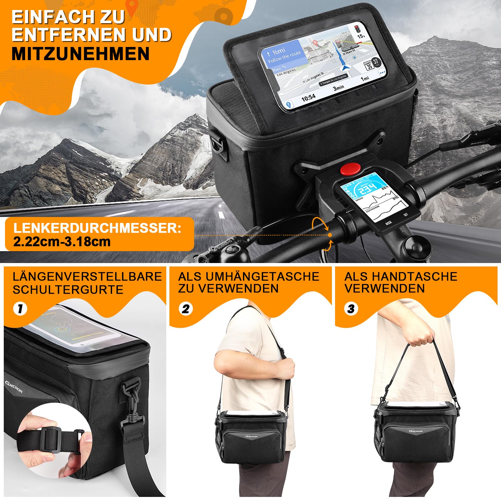 GXCROR Lenkertasche Fahrrad 5.5L Wasserdicht,Mit Touchscreen-Handyhalterung & Schultergurt - Universal für E-Bike, Mountainbike, Citybike