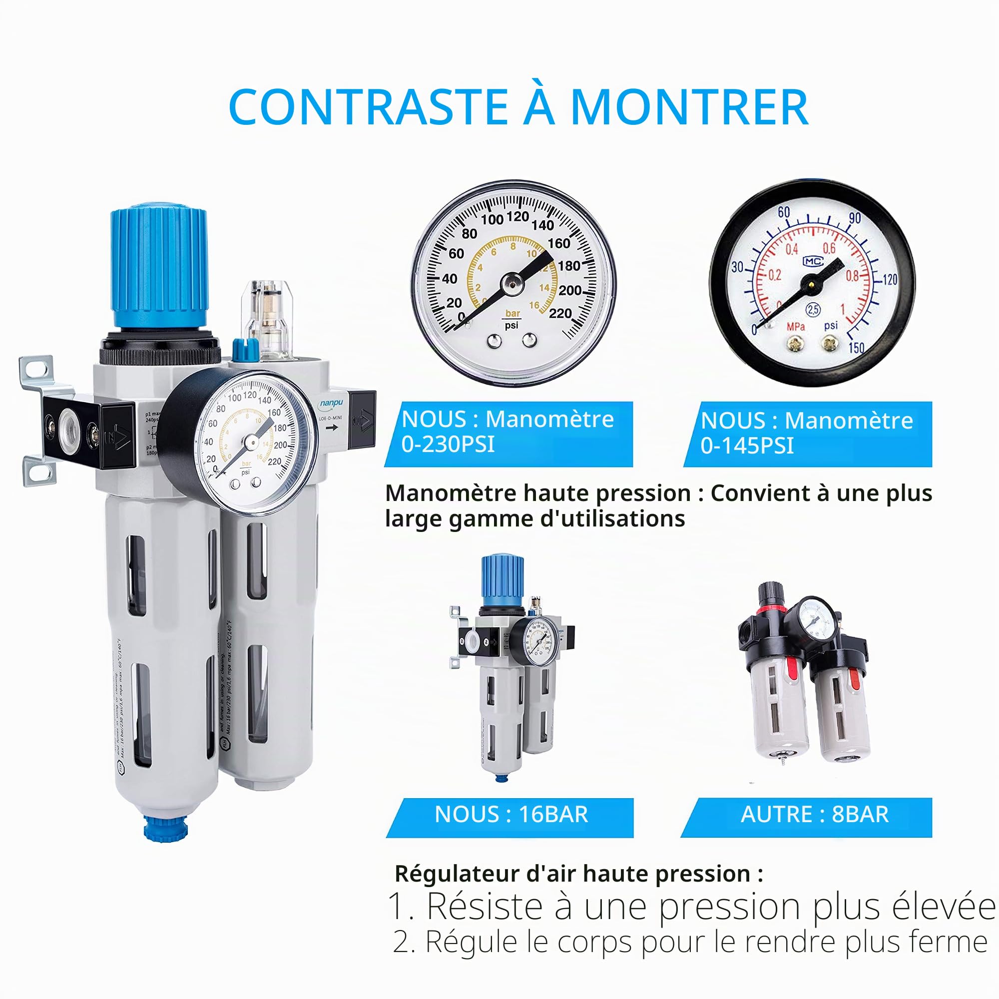 NANPU 3/8" BSPP Filtre Régulateur Lubrificateur (FRL) d'Air Comprimé Séparateur Eau-Huile - Haute Pression, Alliage de zinc, Manomètre (0-16 Bar), Décharge Semi-automatique, Support En Métal