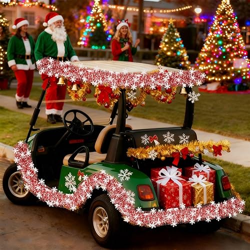 Miniatura 4 de Guirnalda de oropel de Navidad roja y copo de nieve de 50 pies con torsión metálica brillante para árbol de Navidad, decoración colgante de techo,