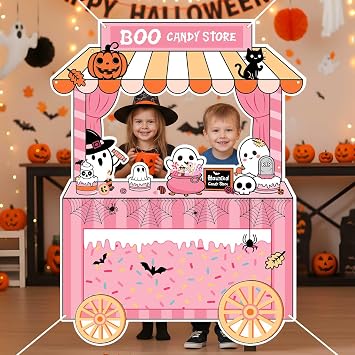 Lofaris Halloween Pink Little Boo Photo Booth Props Frame Kit - 61x48 Inch Giant Cute Ghost Backdrop for Selfie Photography, Candy Store, Party Decorations Supplies Indoor and Outdoor