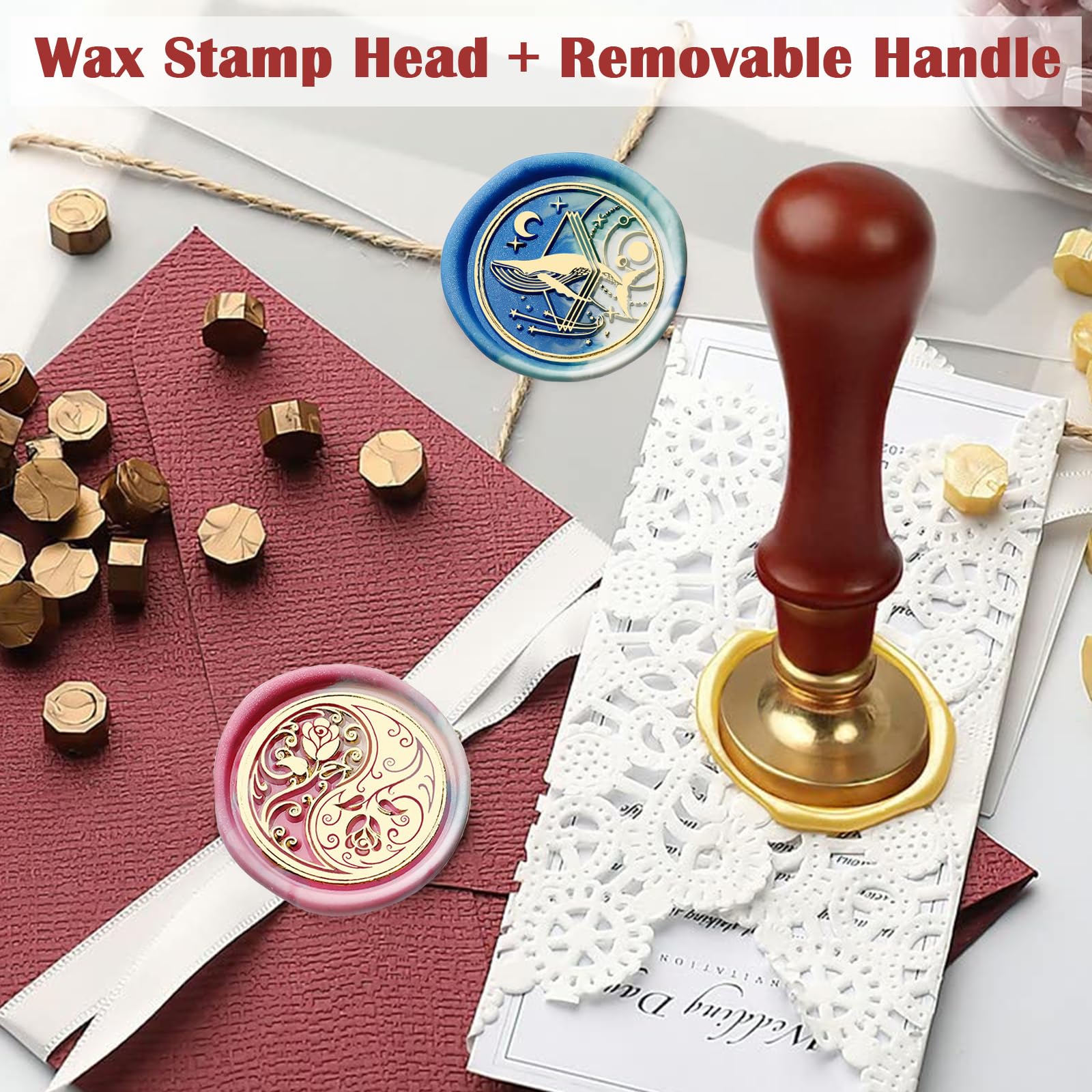 RUIJIE 15 Piezas Sello de Cera con 1 Mango de Madera Retro & 1 Caja de Almacenaje, Cabezal de Sello, Sello Lacre Kit, Cabezas de Sello de Lacre para sobre, Invitación, Adorno, Decoración de Regalo