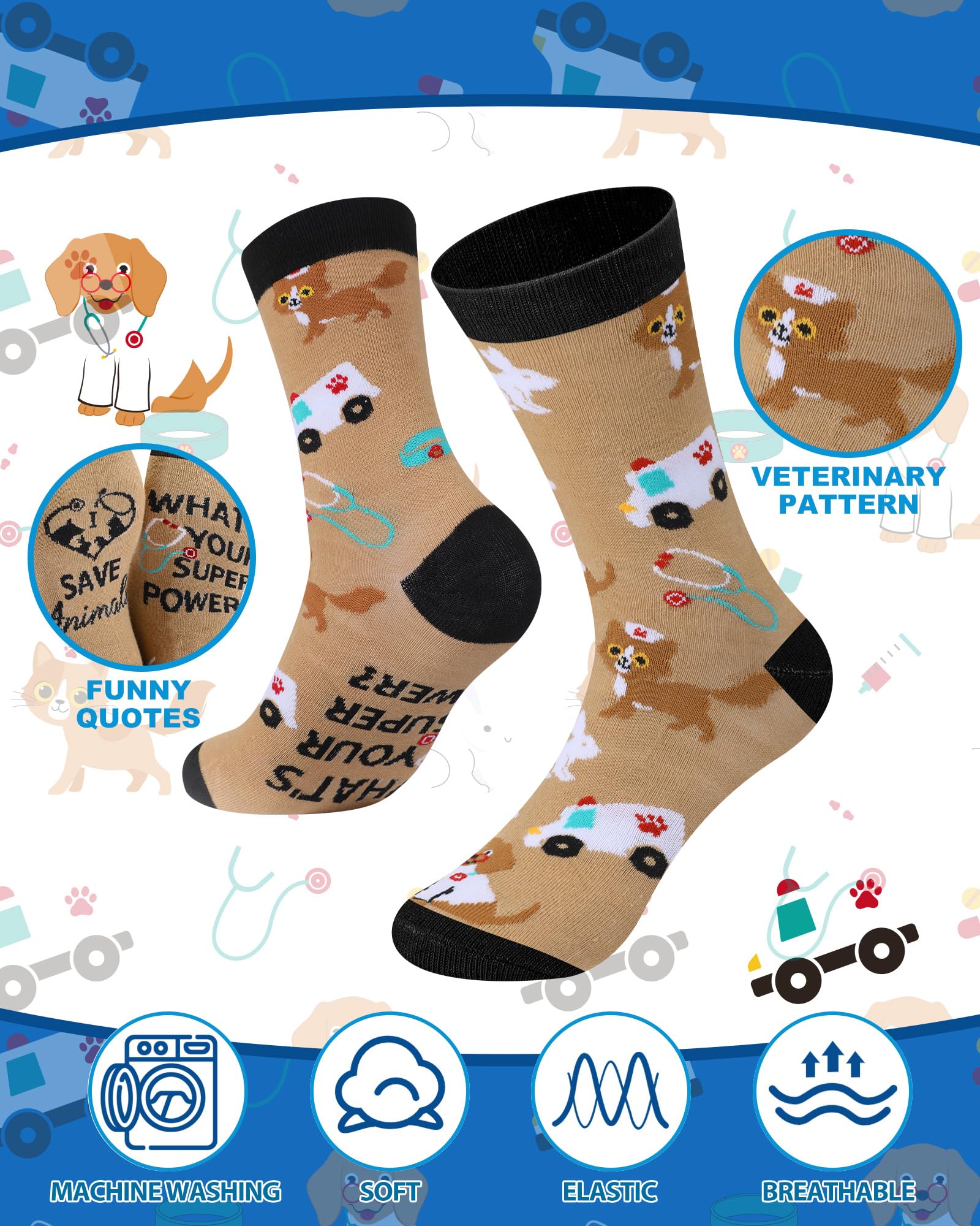 Skicuff 6 pairs Veterinary Socks for Women Men Novelty Veterinarian Cotton Socks Veterinary Week Gift for Doctor Vet Tech