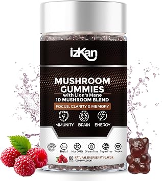 Multi Mushroom Gummies Supplement 3000mg with Lion's Mane & Ashwagandha Promotes Nootropic Focus Brain Supplement, Immune Support & Stress Relief - 60 Count (Halal, Gluten-Free, Vegan) (1)