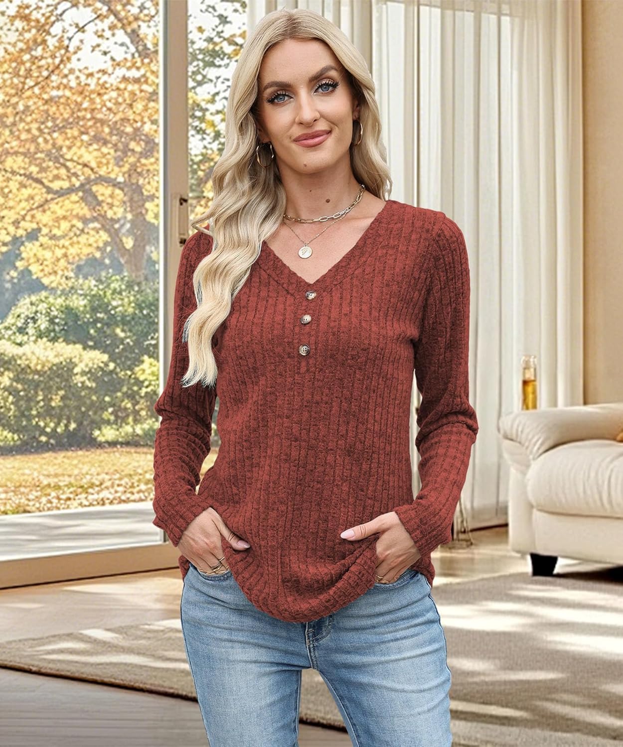 Womens Sweaters Long Sleeve Shirts 2025 Fall Fashion V Neck Sweatshirts Dressy Casual Tunic Tops Winter Clothes - Image 3