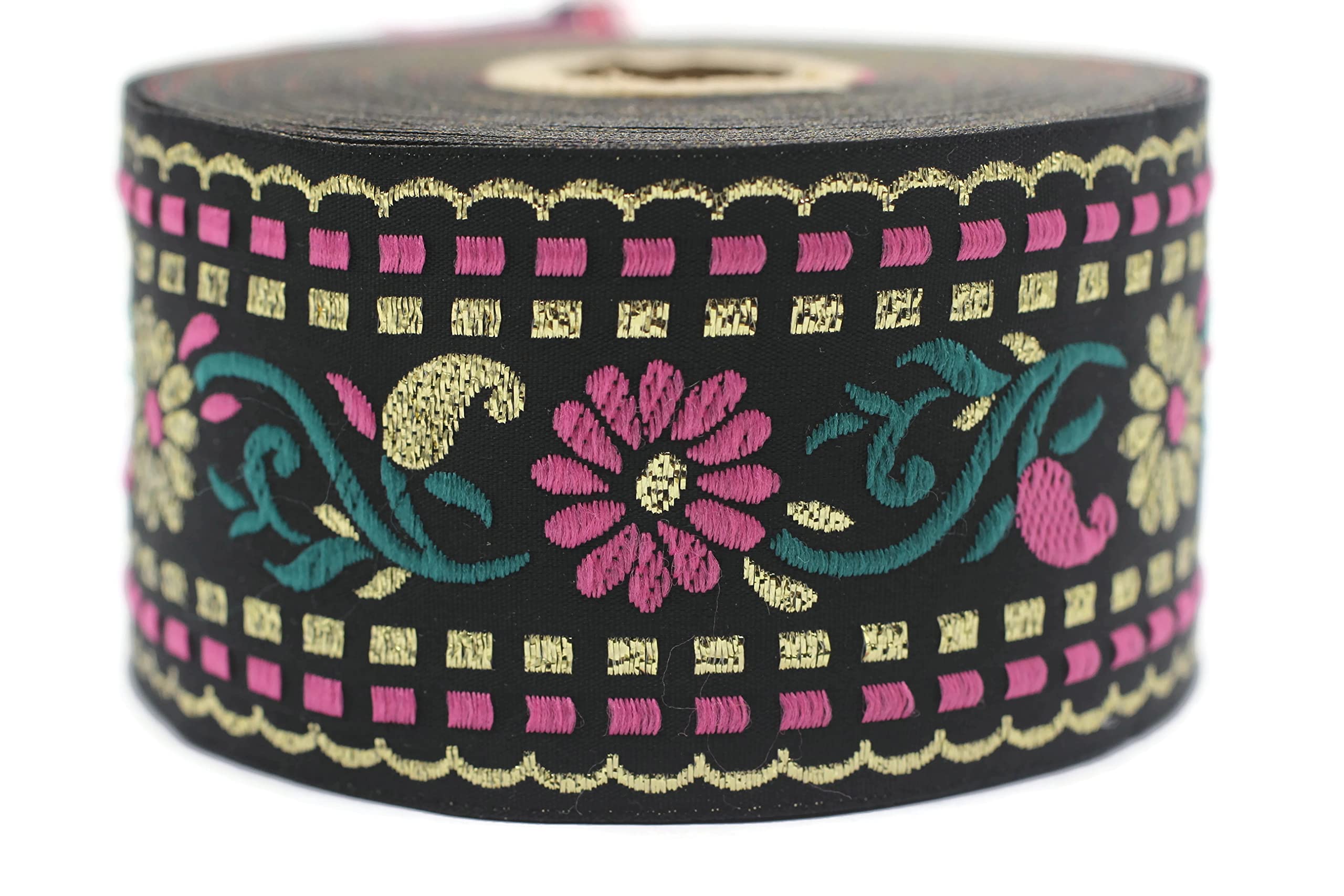 Ruban jacquard de 50mm style rose-noir au galon tissé robuste pour mercerie et loisirs créatifs