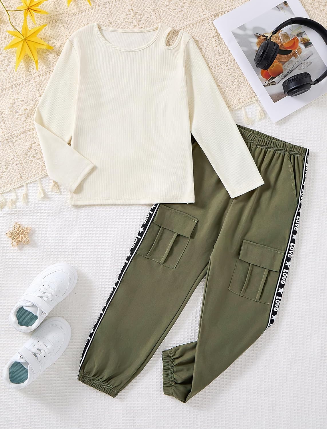 Girls Clothes Long Sleeve Ribbed Knit Cold Shoulder Top and Cargo Pant Set Teen Girls Outfits 6-12 Years - Image 9