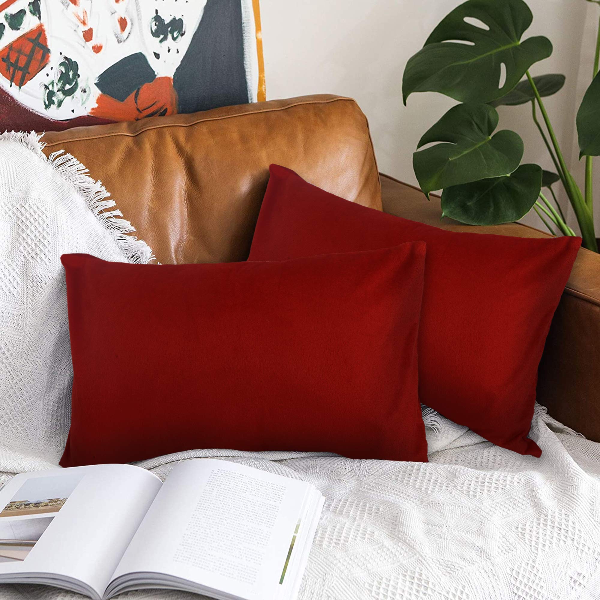 DECOWAT Premium Velvet Red Cushion Cover 12x18 Inch Rectangle Small Throw Pillow Covers Pack of 2 Perfect for Sofa and Bed Decor