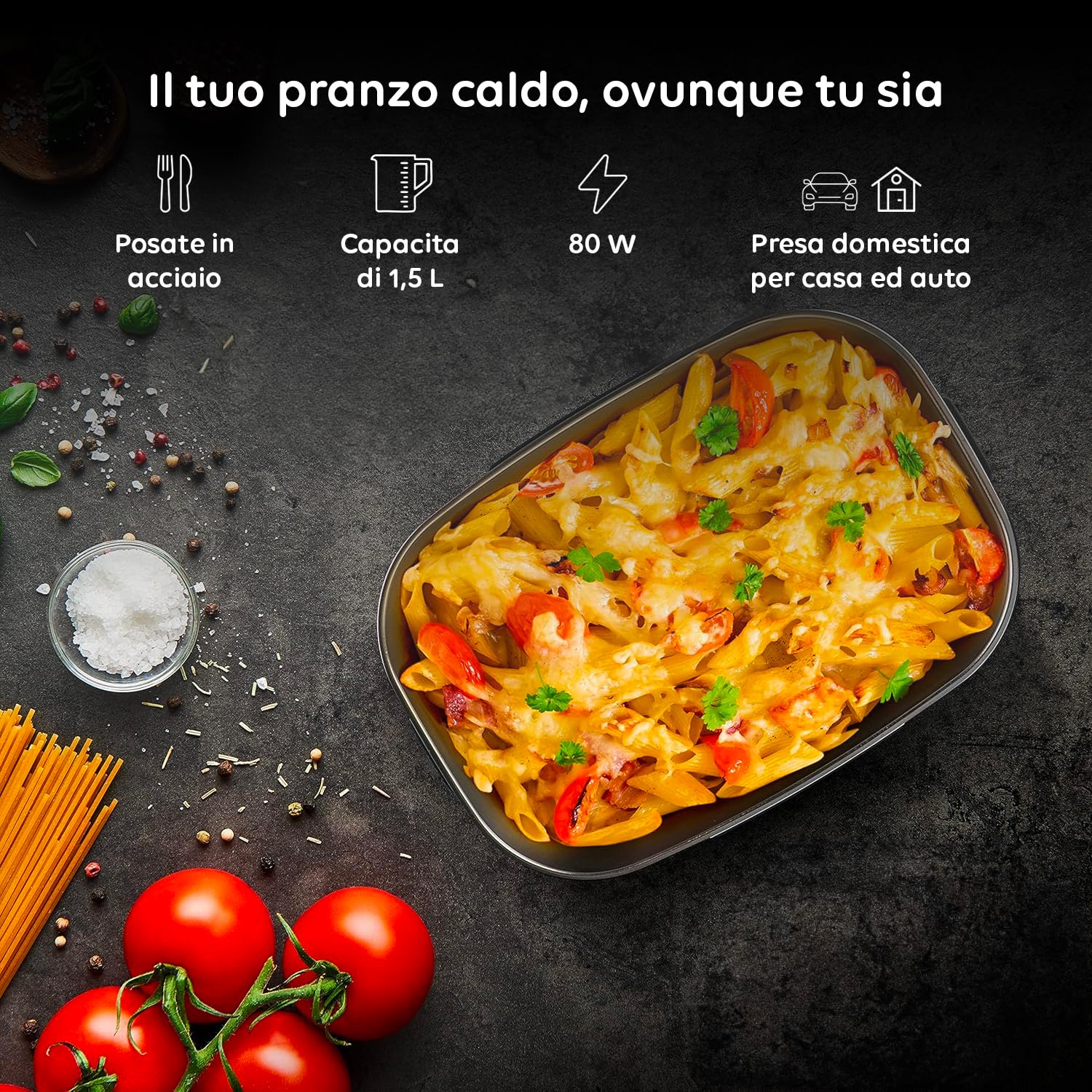 Wintem - Porta Pranzo Lunchy+ 3 in 1 Elettrico in Acciaio Inox con Posate, Scaldavivande da 80W Termico per Casa, Ufficio e Auto, Contenitori Ermetici e Doppia Presa 220V/12V