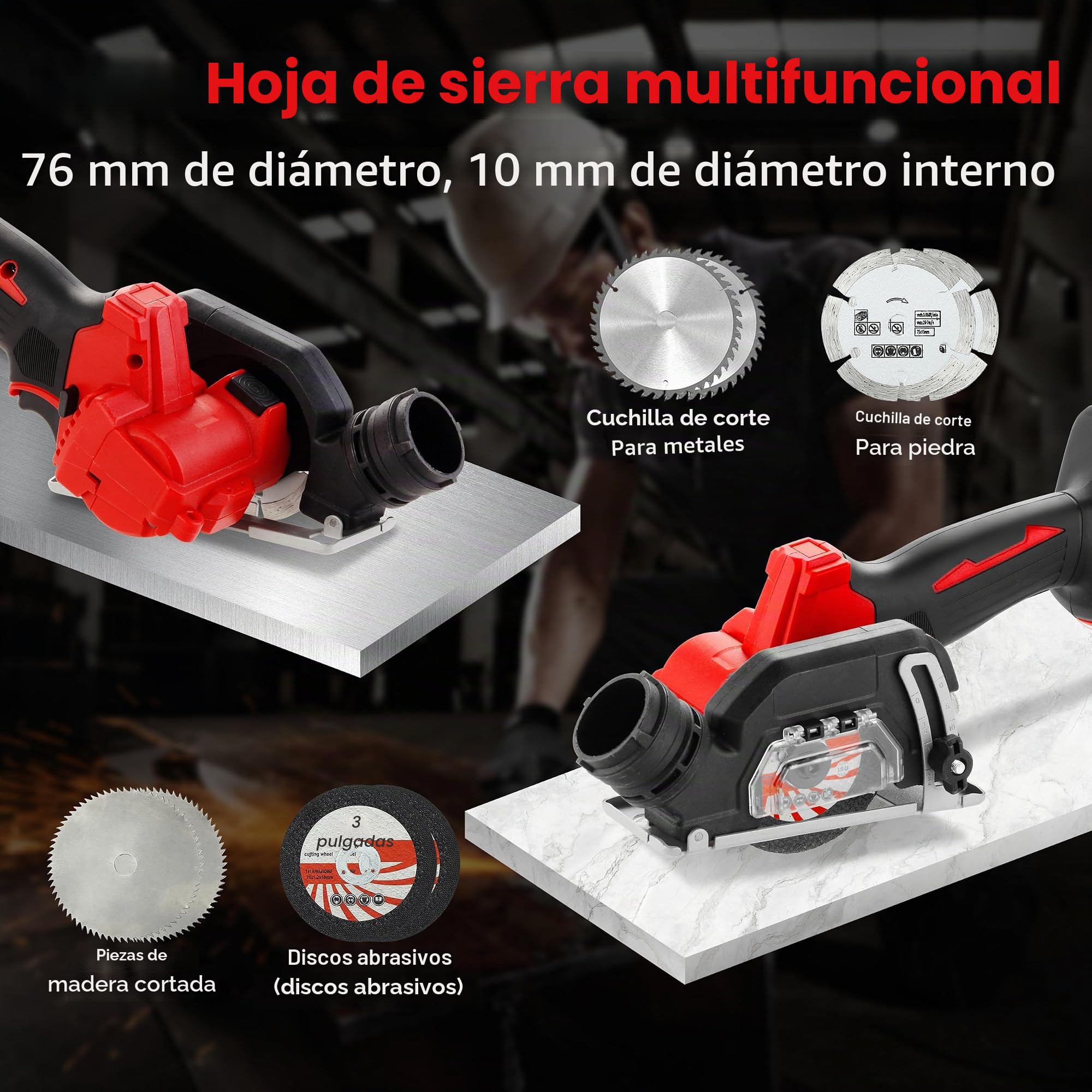 TEENO Sierra Circular con Guia, Sierra Circular de Mano 20000RPM | 2x 2,0Ah Baterías, Compatible con baterías Makita, 8 Hoja de Sierra 76mm, Ángulo ajustable 0-45°, Ideal para Cortar Madera