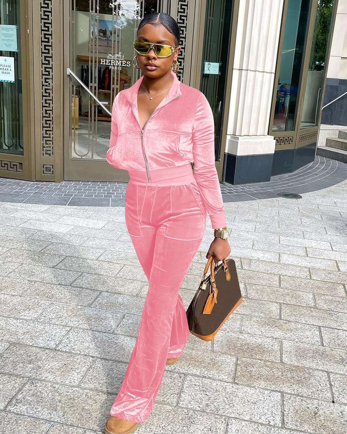 Women Velour Sweat Suits 2 Piece Outfits Tracksuits Long Sleeve Zip Up Jacket Flare Pants Cute Casual Matching Suit - Image 2