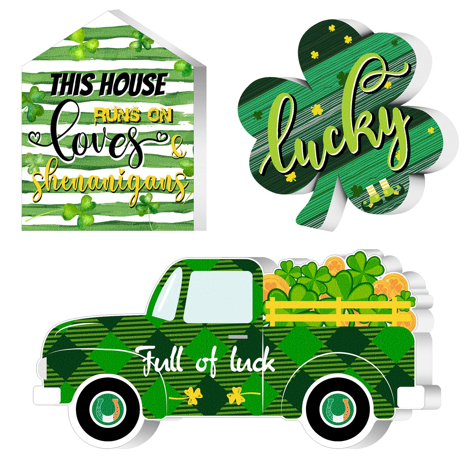 Photo 1 of 3 Pcs St. Patrick's Day Table Wooden Signs St. Patrick's Table Decoration Lucky Sign Shamrocks Green Truck Irish Themed Table Centerpiece for St. Patrick's Day Party Home Table Decor (Novelty Style)