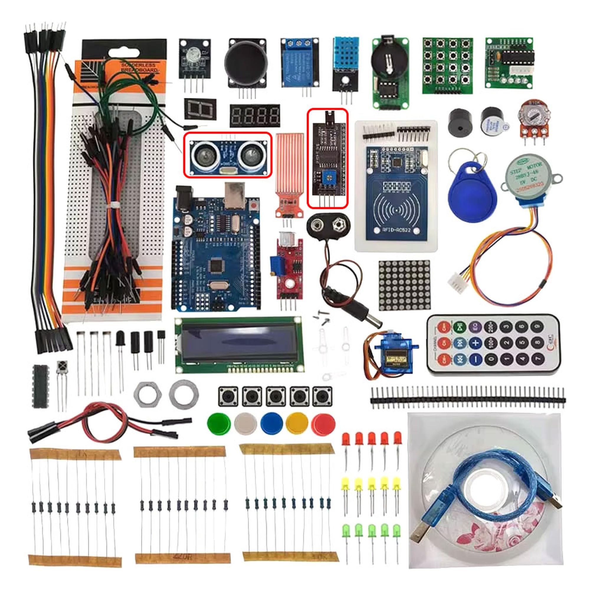 Starter Kit elettronic per componenti RFID compatibile con Arduino UNO R3, oltre 40 componenti, RFID RC522 con scheda e portachiavi, sensore a ultrasuoni LCD 1602 IIC HC-SR04 Servo SG90
