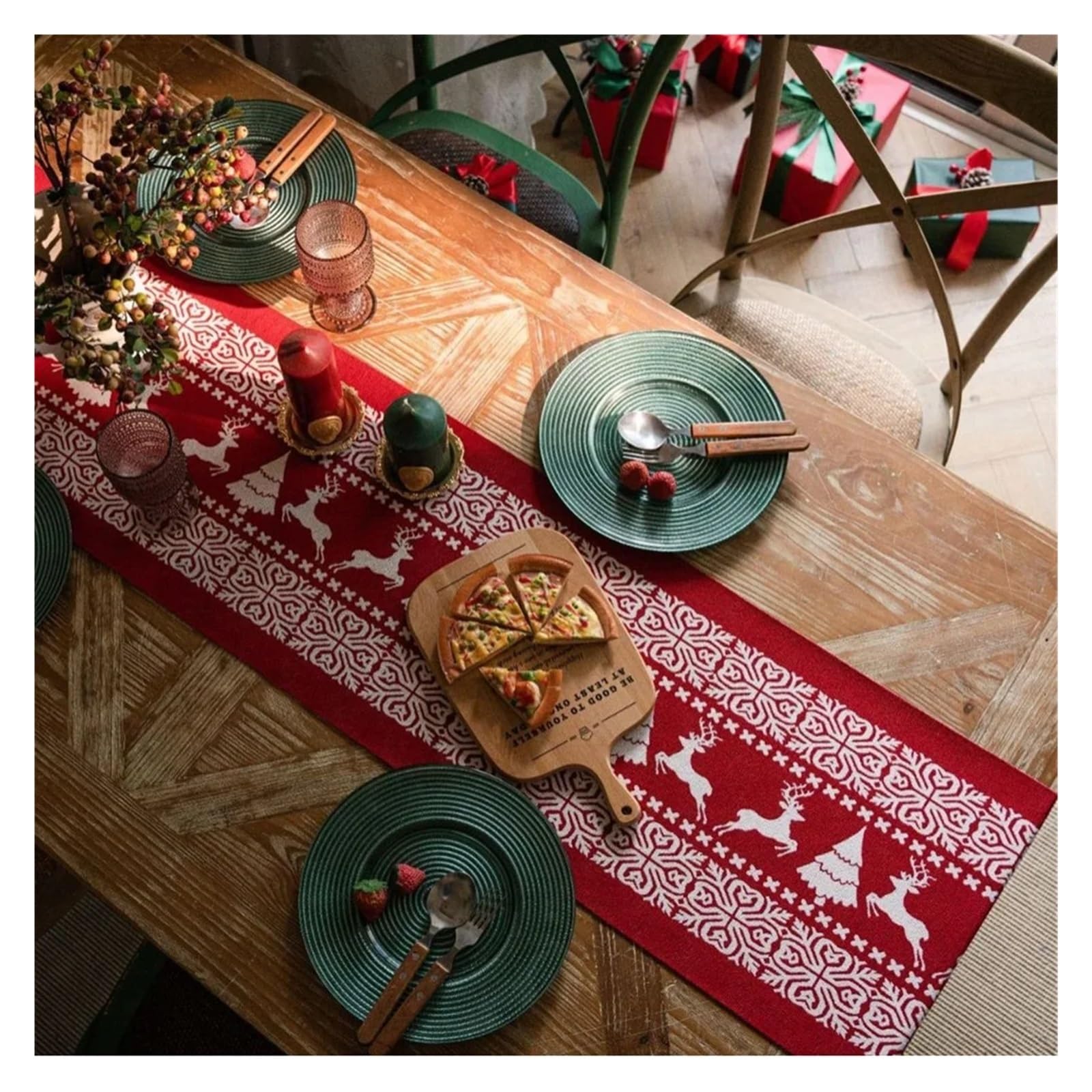 manteles Mantel navideño con Estampado de muñecos de Nieve, Camino de Mesa con Estampado de Alces navideños con borlas, decoración de Mesa navideña for Fiestas en casa(Style C,35x350cm)