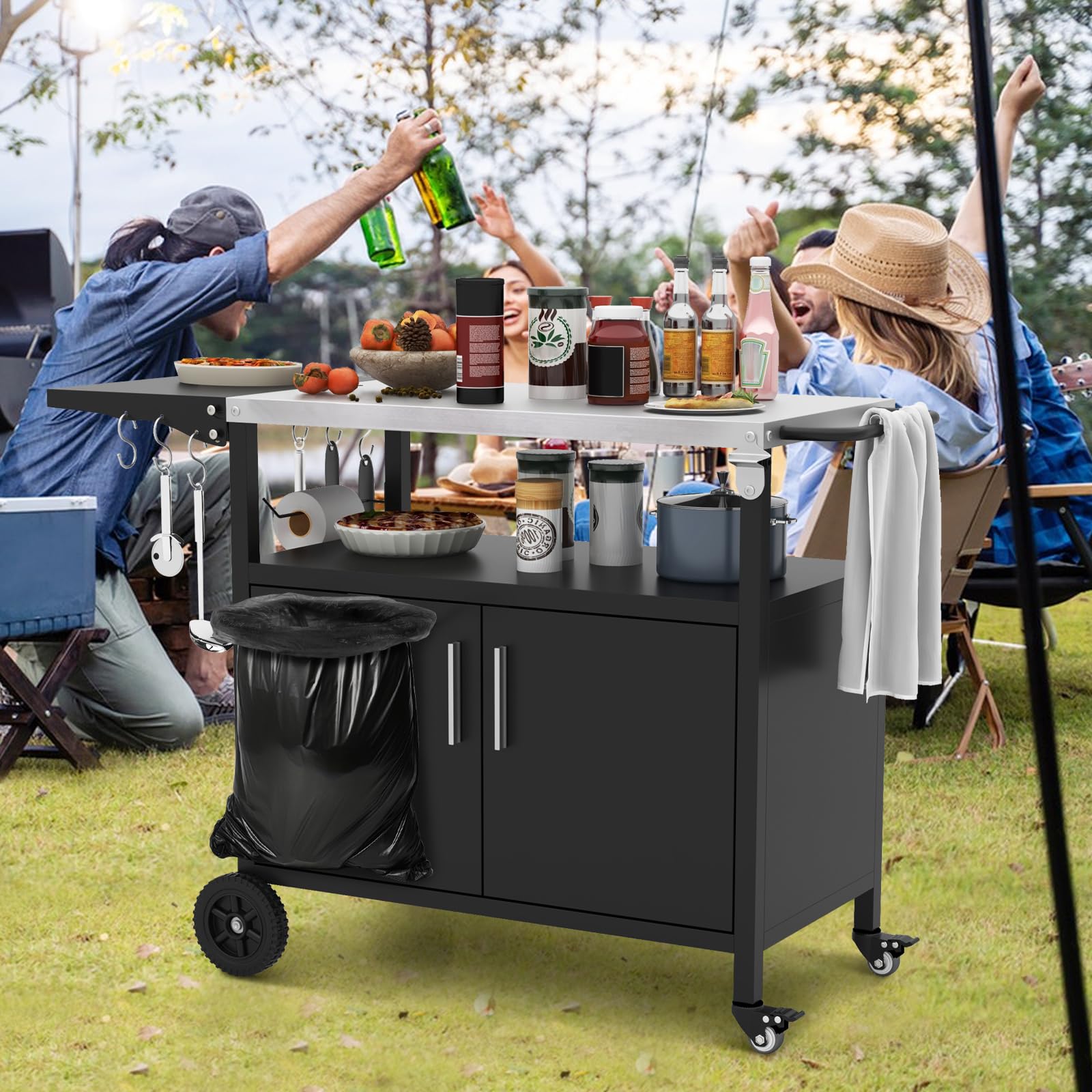 GIANTEX Carrito de barbacoa para exteriores, mesa de barbacoa con encimera de acero inoxidable y mesa lateral plegable, carrito de cocina con ruedas, mesa auxiliar con soporte para bolsa de basura