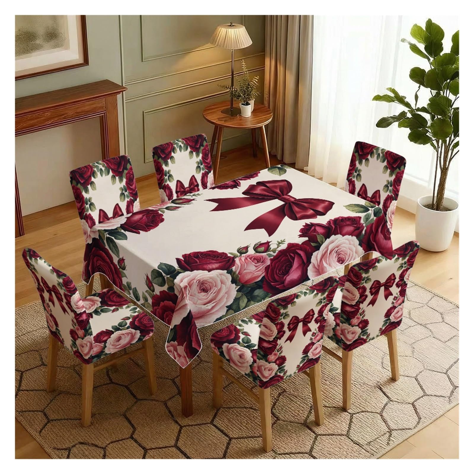 BOSUYBN Vintage Rose & Bow Dining Set, 5/7 Piece Tablecloth With Chair Covers, Romantic Floral Print Slipcovers For Elegant Home Decor Table Setting(7pcs Set: Tablecloth+Chair Covers)