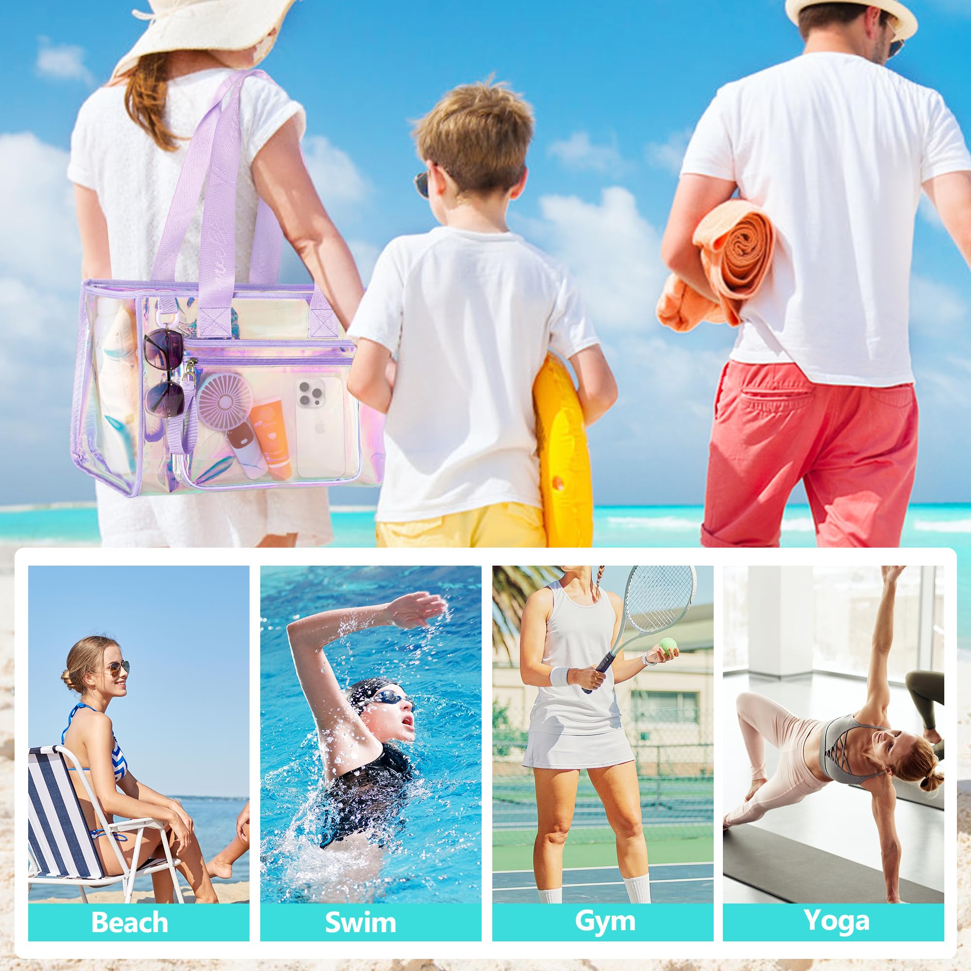 Yarwo Grand Sac de Plage Iridescent avec Poche Téléphone, Transparent | Avec Fini Irisé, Poche Devant pour Téléphone, Poches Intérieures et Grand Format Léger pour Plage, Piscine et Yoga