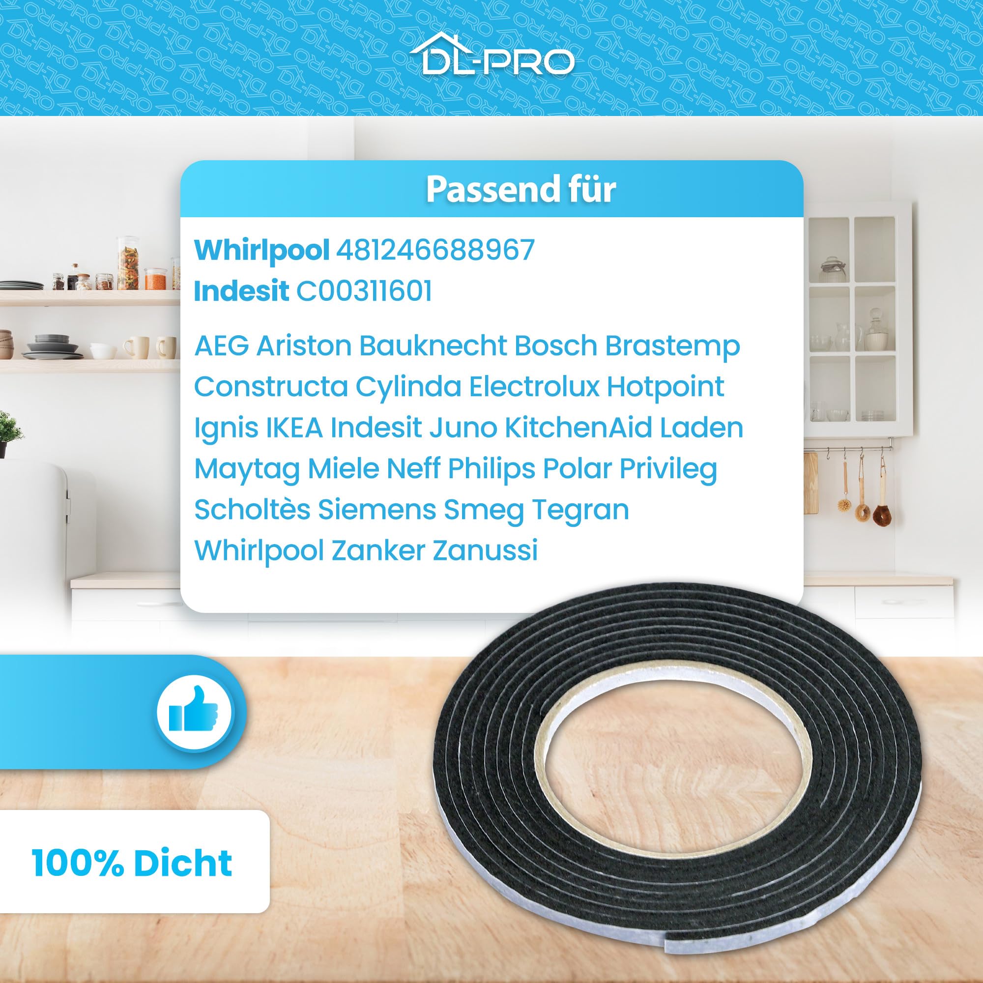 DL-pro - Universal sealing strip 2.8 m for Whirlpool 481246688967, Bauknecht, Ignis, Ikea, AEG, Electrolux, Bosch, Siemens, etc - Image 3