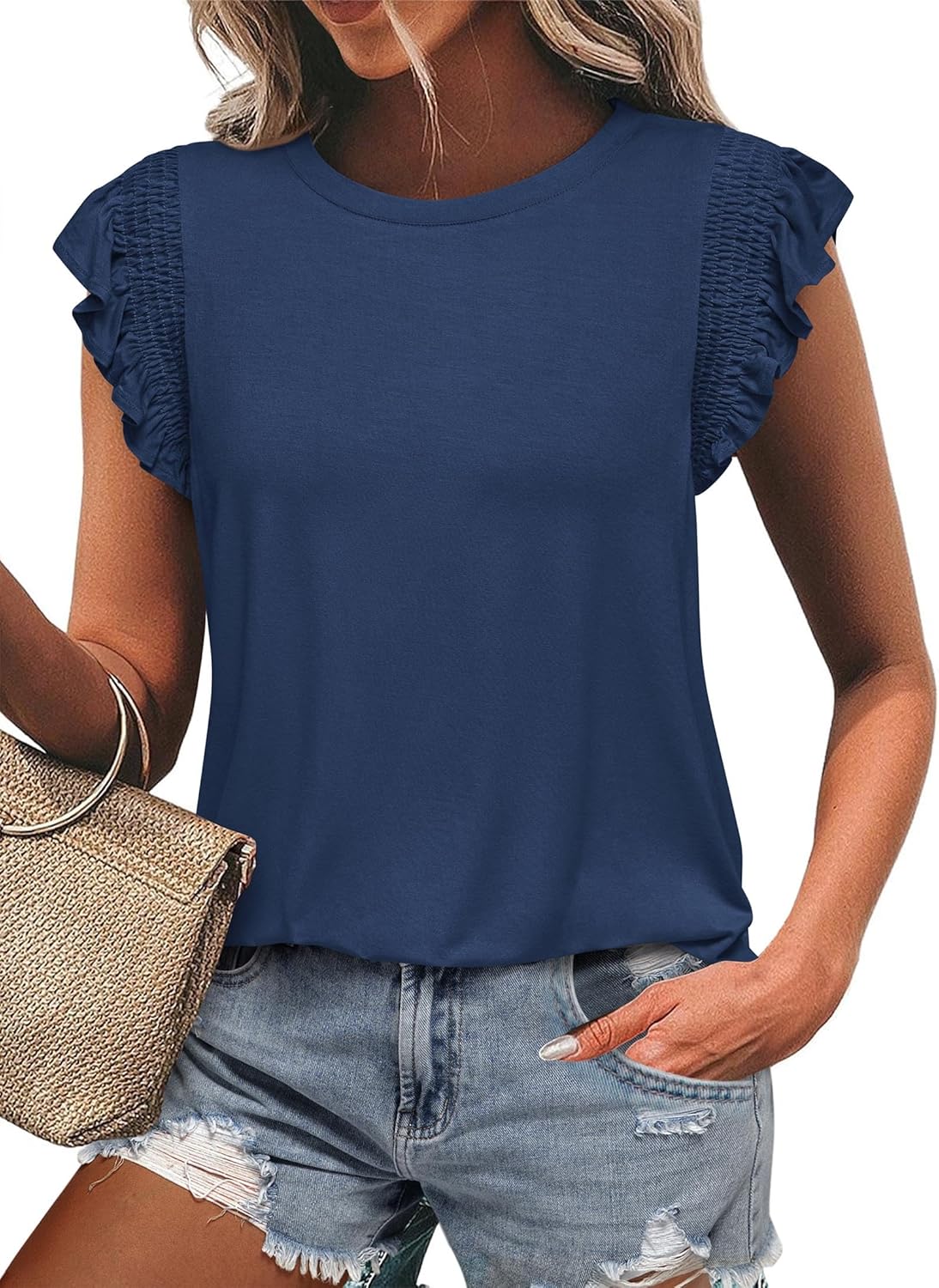 KIRUNDO Womens Summer Tops 2025 Trendy Ruffle Cap Sleeve Casual T Shirts Crewneck Basic Tee Cute Blouses Clothing