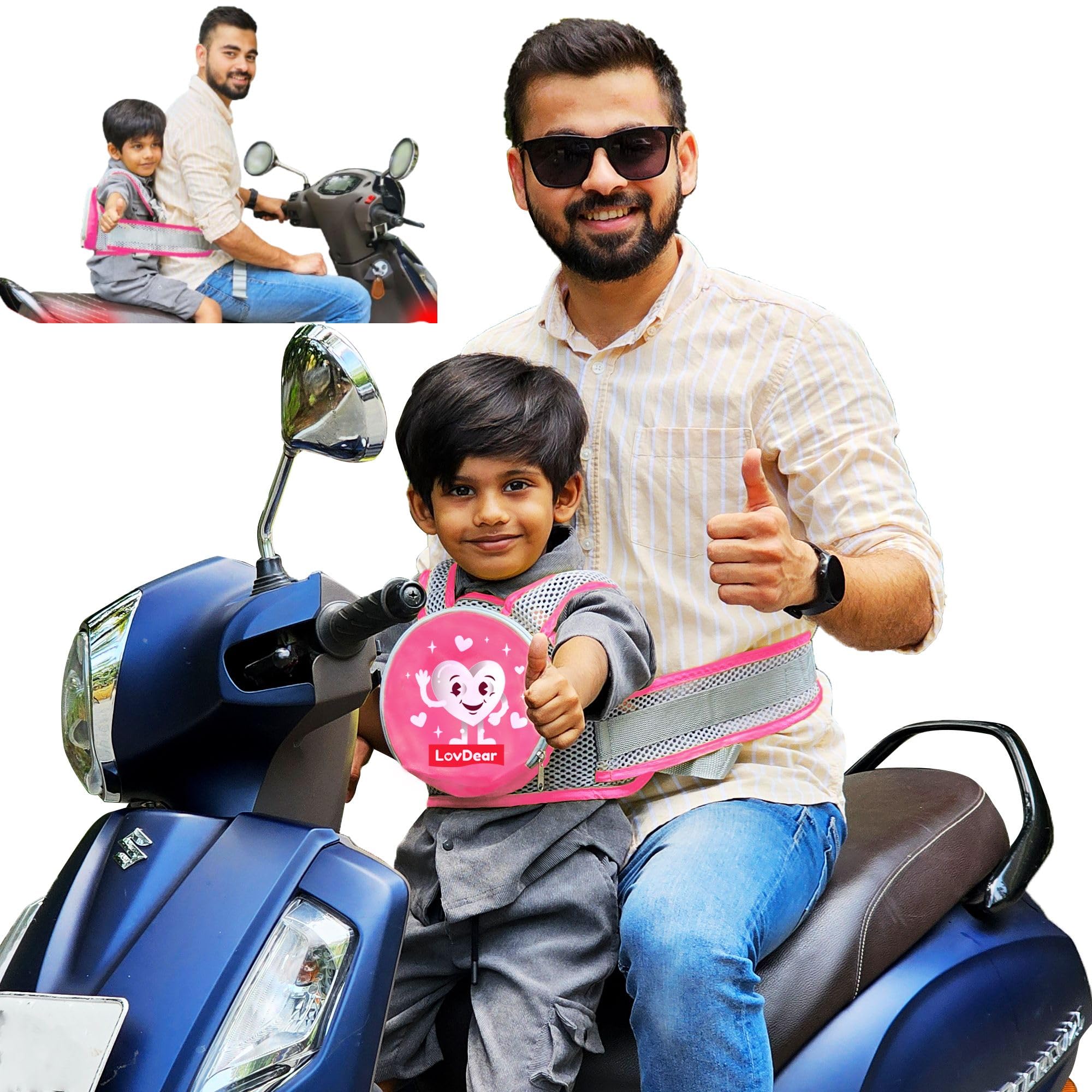 kids safety belt for two wheeler with storage bag - Adjustable safety belt for kids for bike scooty - Two wheeler safety belt for kids -bike belt for kids safety (2-9 years) Pink