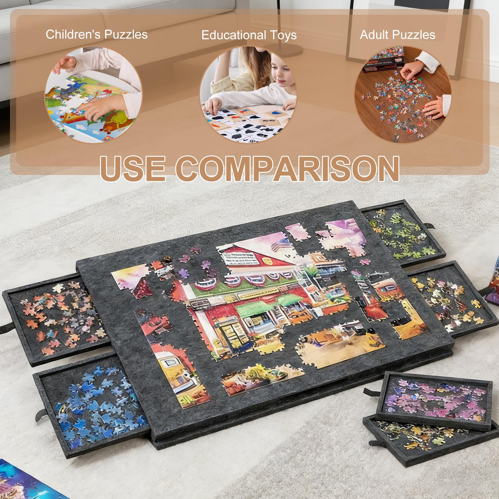 Tavolo puzzle inclinabile da 1000 pezzi, con supporto e copertura 2 in 1 e 6 cassetti, tavolo puzzle portatile per adulti, con ripiano in feltro (nero, 77 x 53,6 x 4,2 cm)