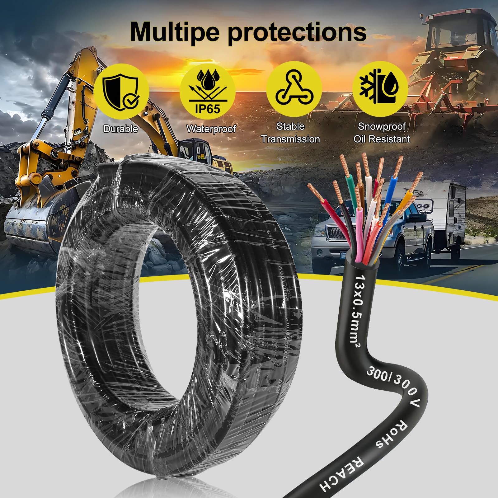 D-TECH Cable de vehículo 13 núcleos 10M, Cable Redondo de 13 Hilos para Remolque, 5V-80V Cable Luces Remolque 13 Pines,Cable de Coche 13 Polos 13x0,5 mm²