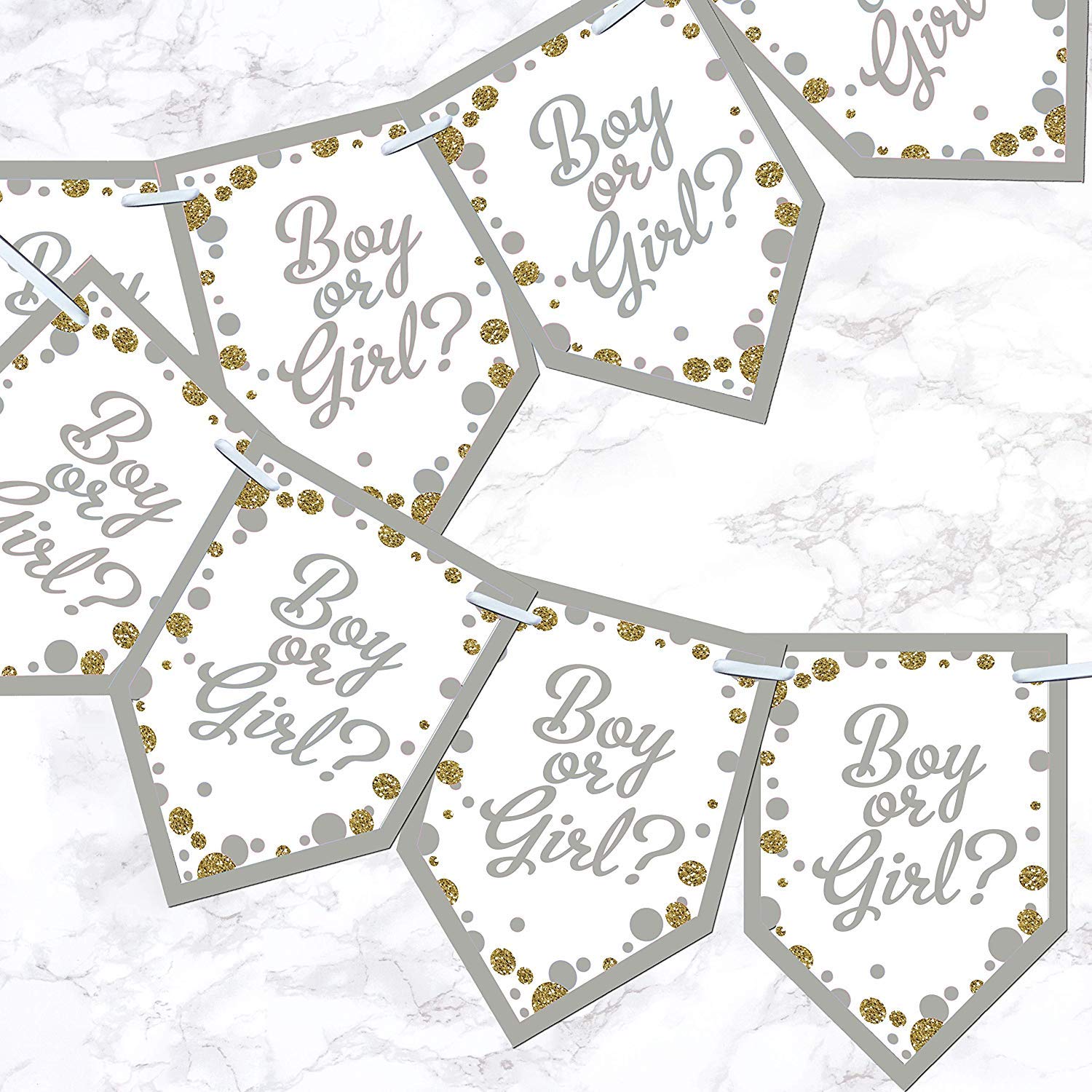 Gender Reveal Party Bunting Pink Blue Baby Shower Decoration Banner Glitter Effect - Grey
