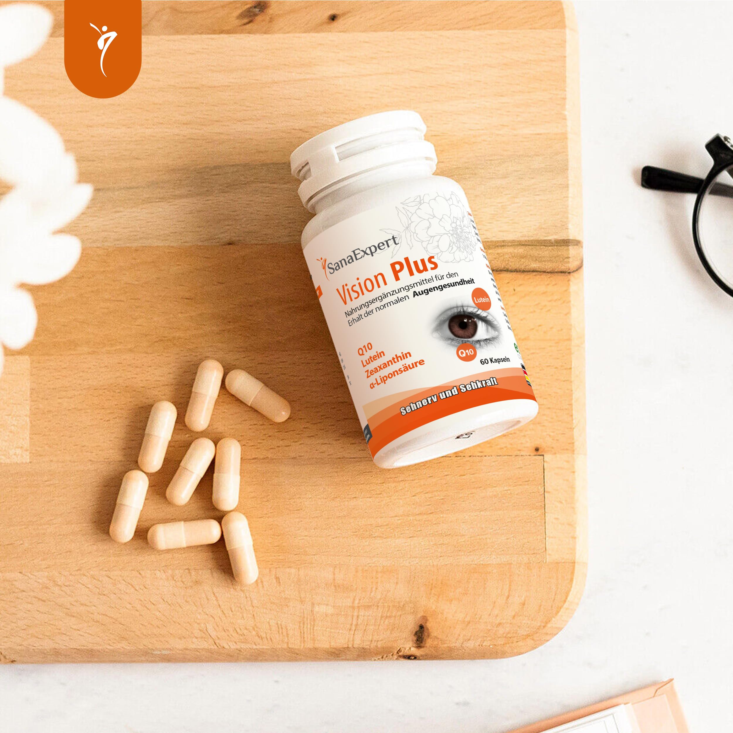 SanaExpert® Vision Plus – Mit Vitamin A für die normale Sehkraft sowie Lutein, Zeaxanthin, Q10, Vitamin C, E, Zink & Selen – 60 Kapseln – Made in Germany