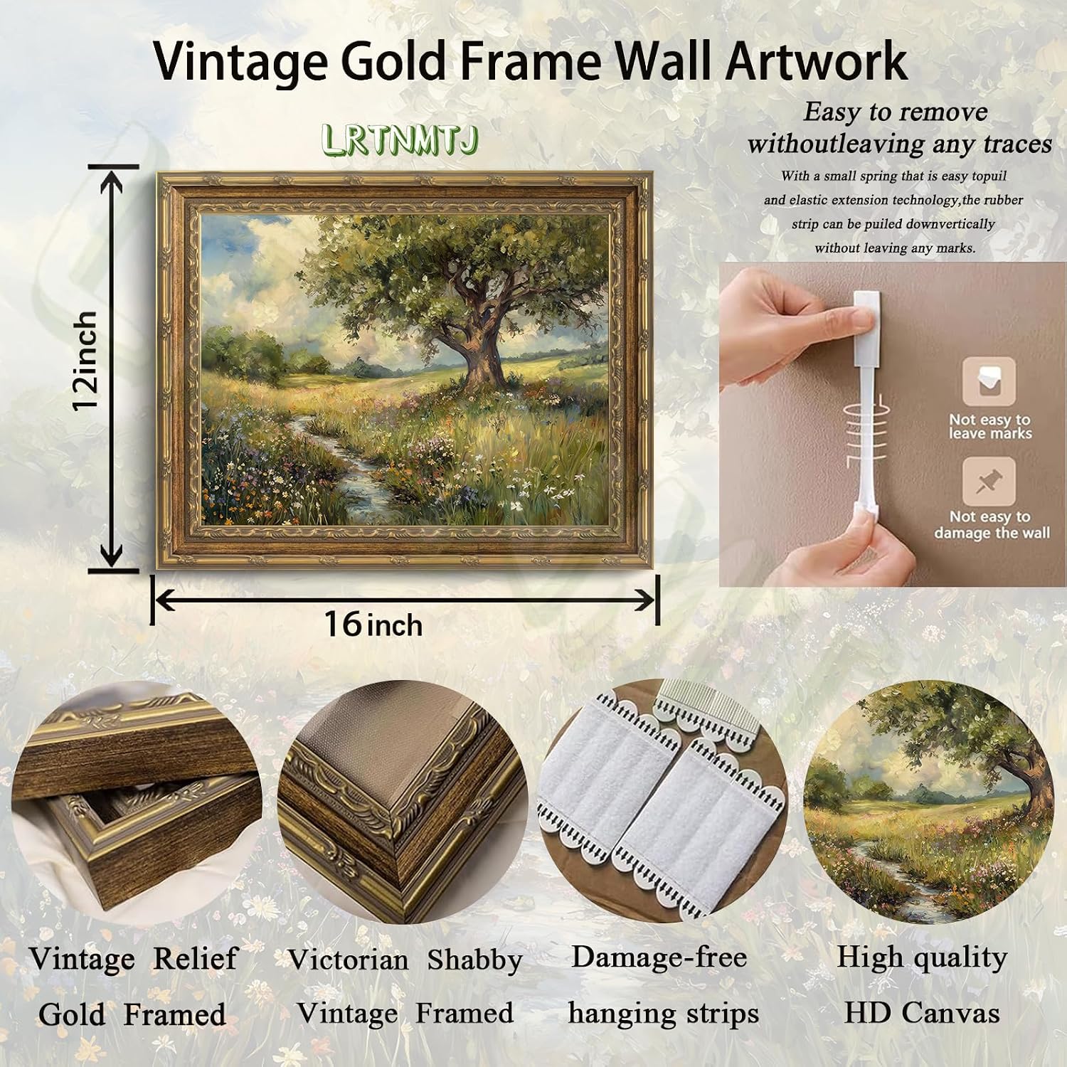 Vintage Gold Framed Landscape Wall Art Floral Meadow with Oak Tree Painting Picture Wall Decor Rustic Nature Cottagecore Poster Print Art Rustic Country Antiques for Living Room Study Bedroom Office