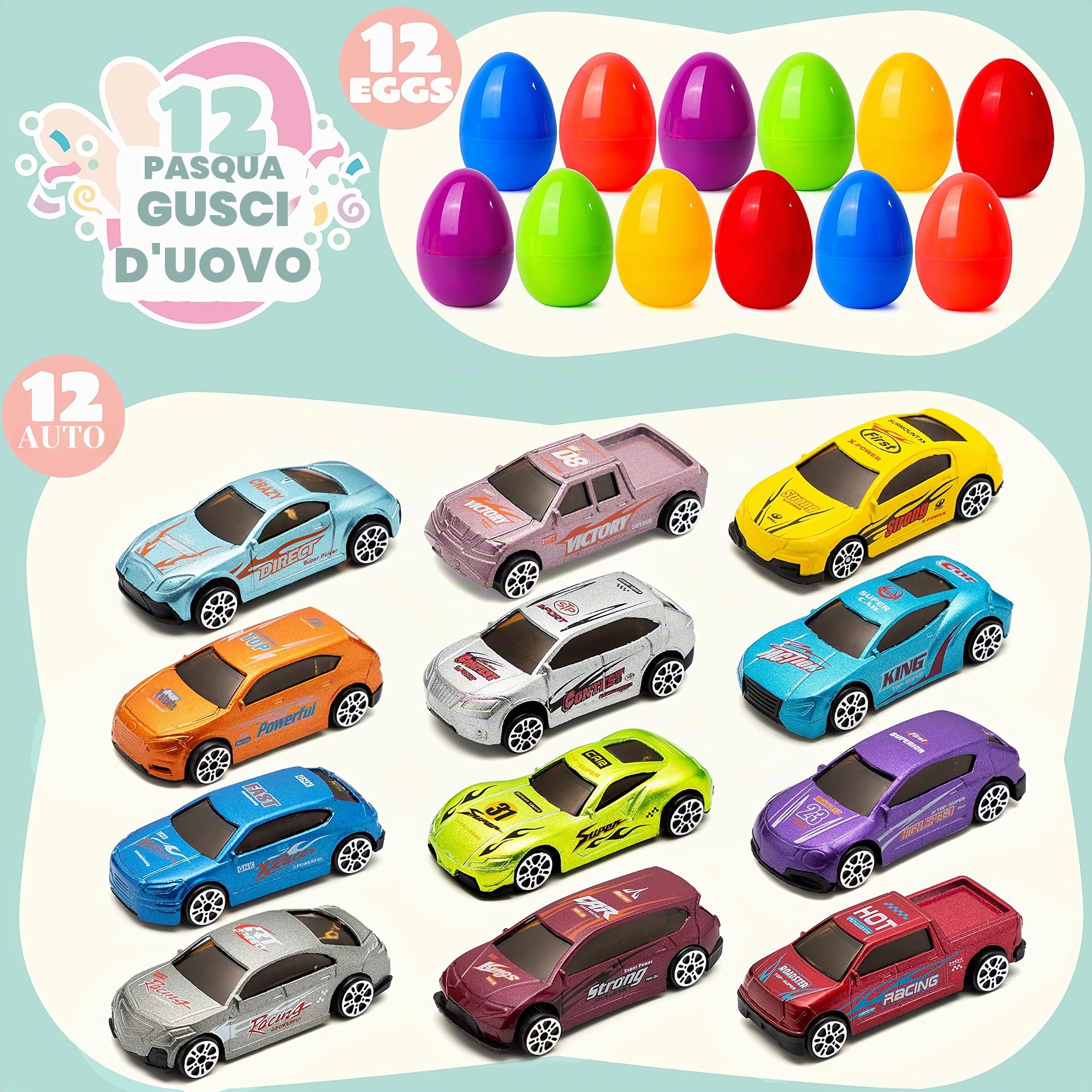 JOYIN 12 car die-cast riempito big uova di pasqua, 3.2" variopinto luminoso preriempita plastica uova di pasqua con diverse vetture pressofuso
